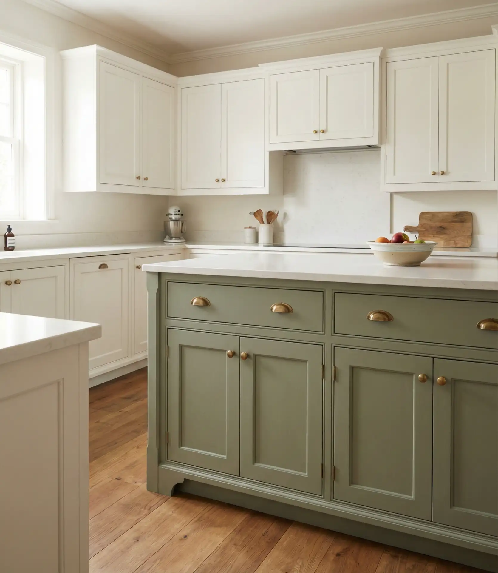 Classic White Cabinets with Sage Green Accents 1