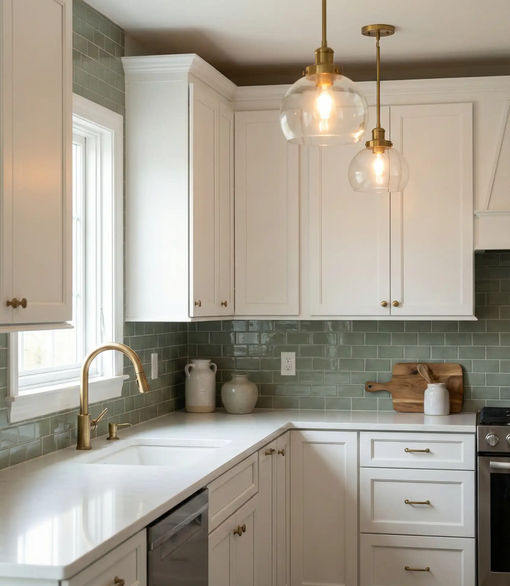 Classic White Cabinets with Sage Green Accents 2