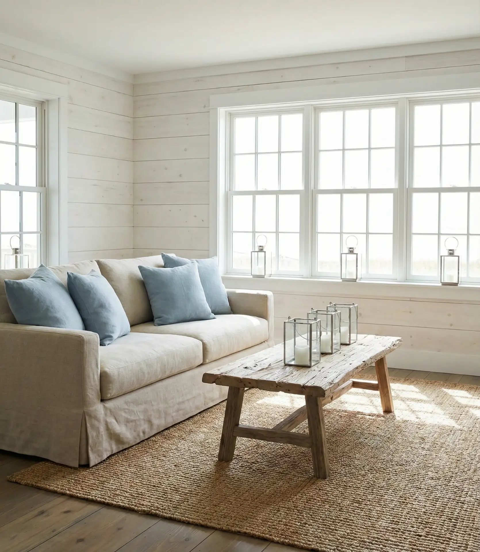 Coastal Cottage Living Room with Whitewashed Wood 1