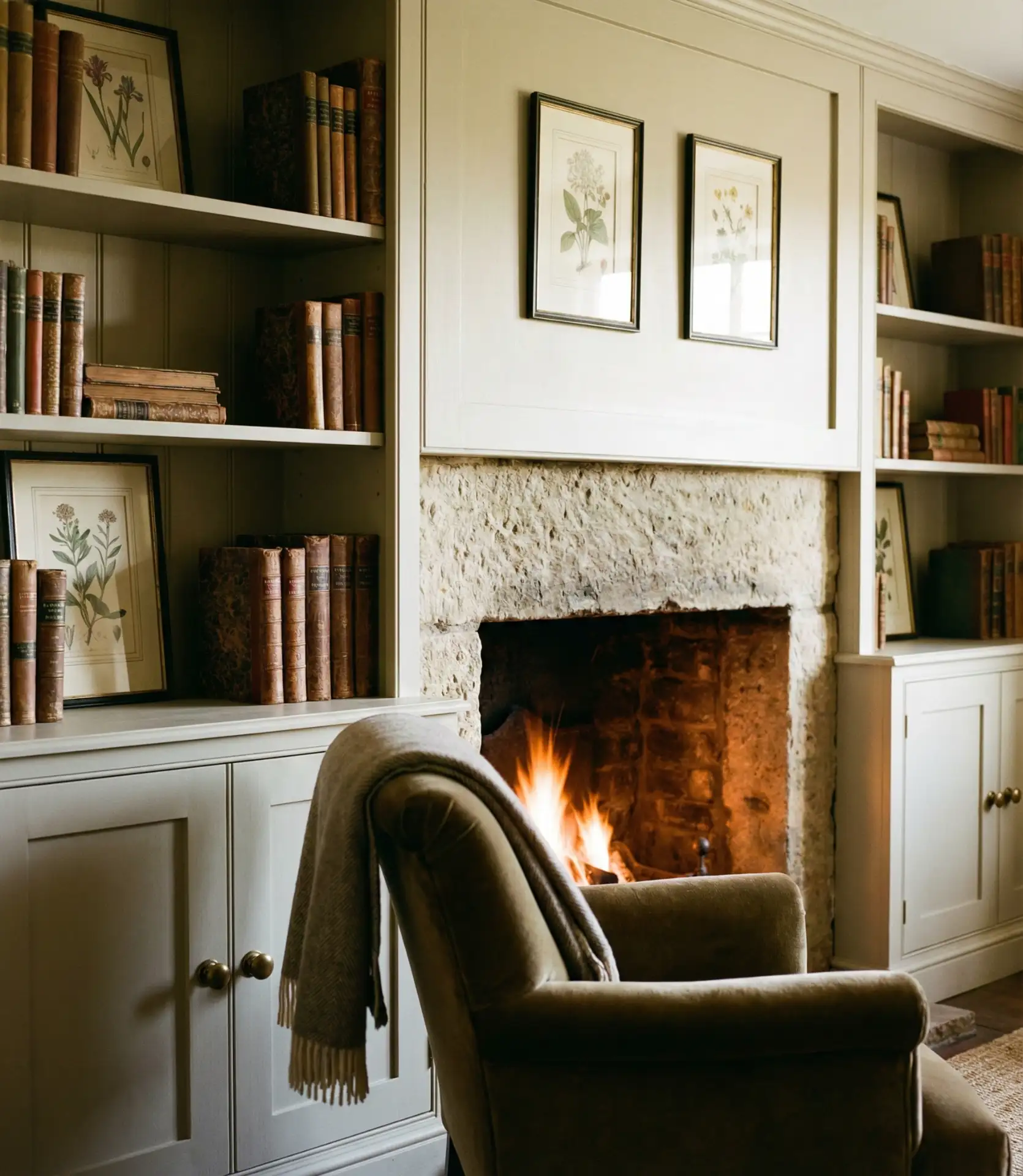 Cottage Living Room with Fireplace and Built-In Shelving 1
