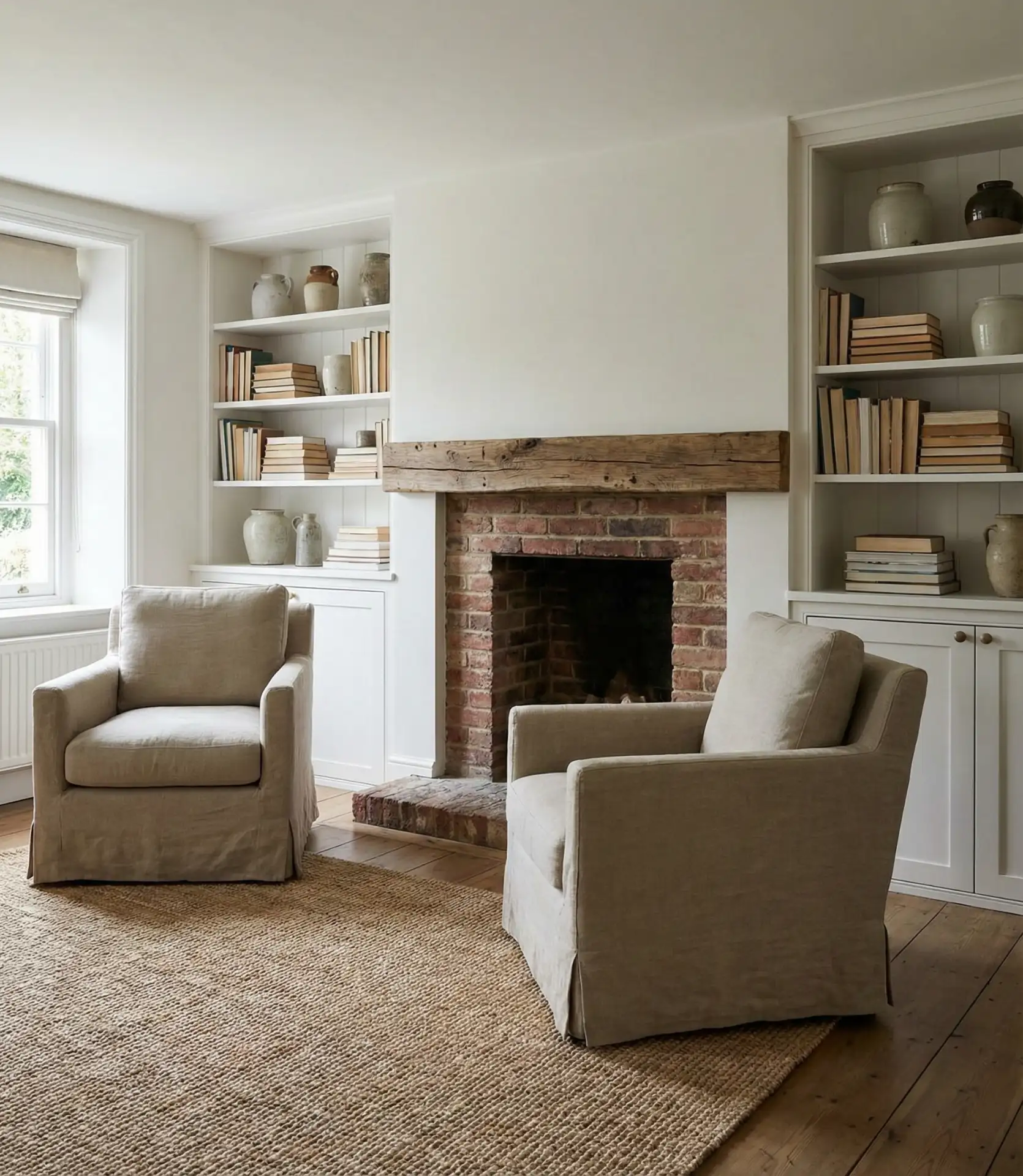 Cottage Living Room with Fireplace and Built-In Shelving 2