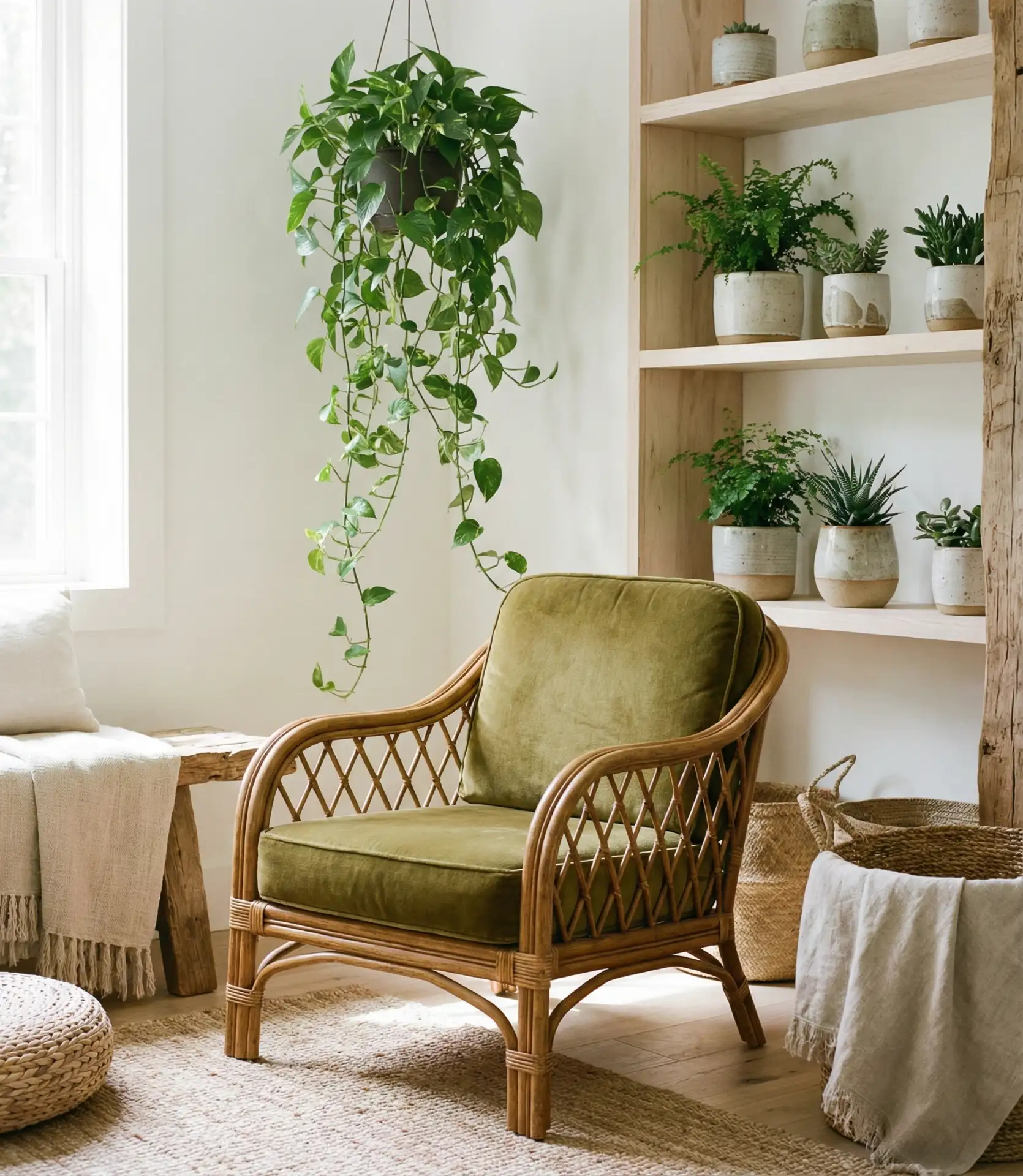 Cottage Living Room with Green Accents and Plants 1