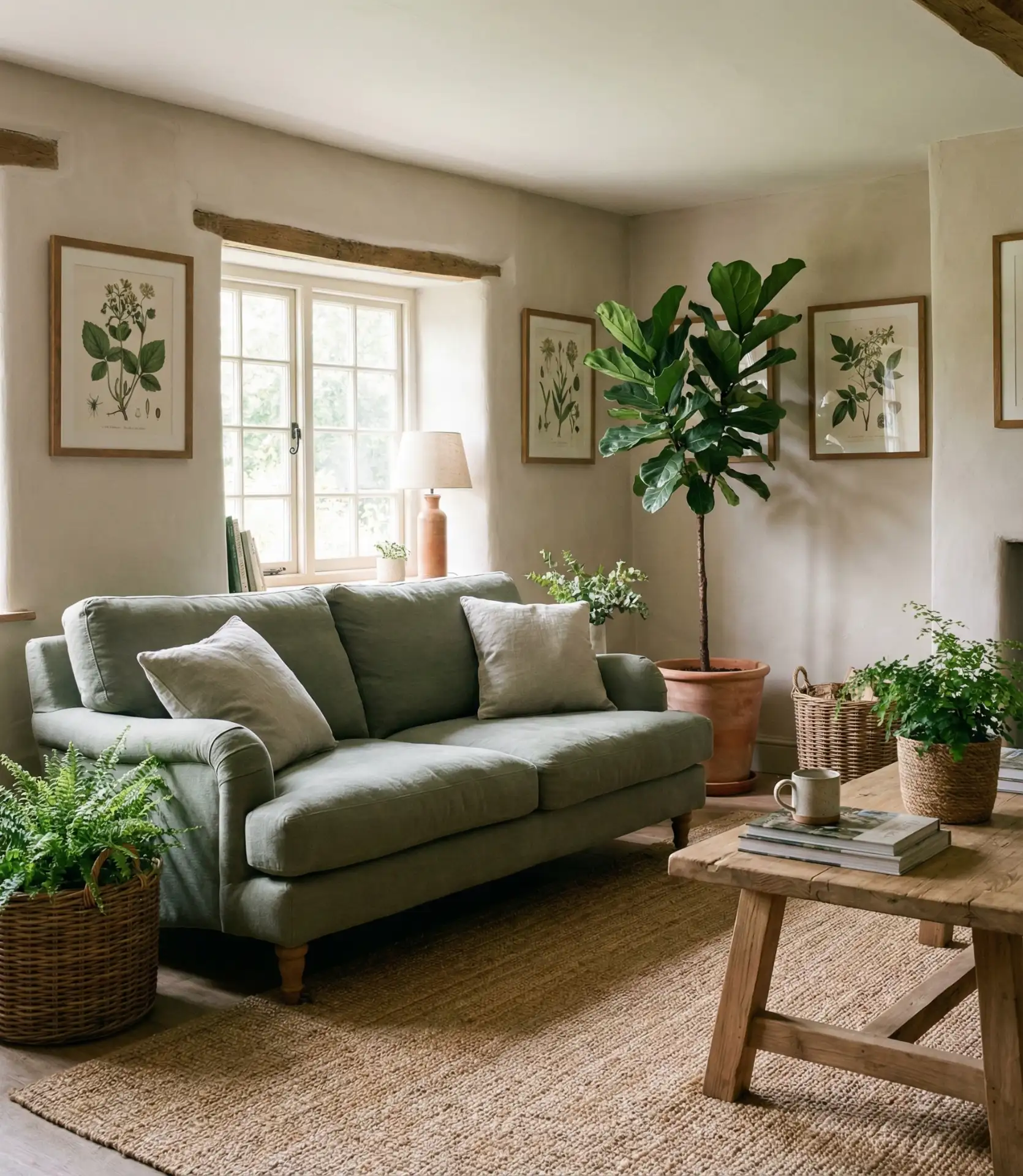 Cottage Living Room with Green Accents and Plants 2