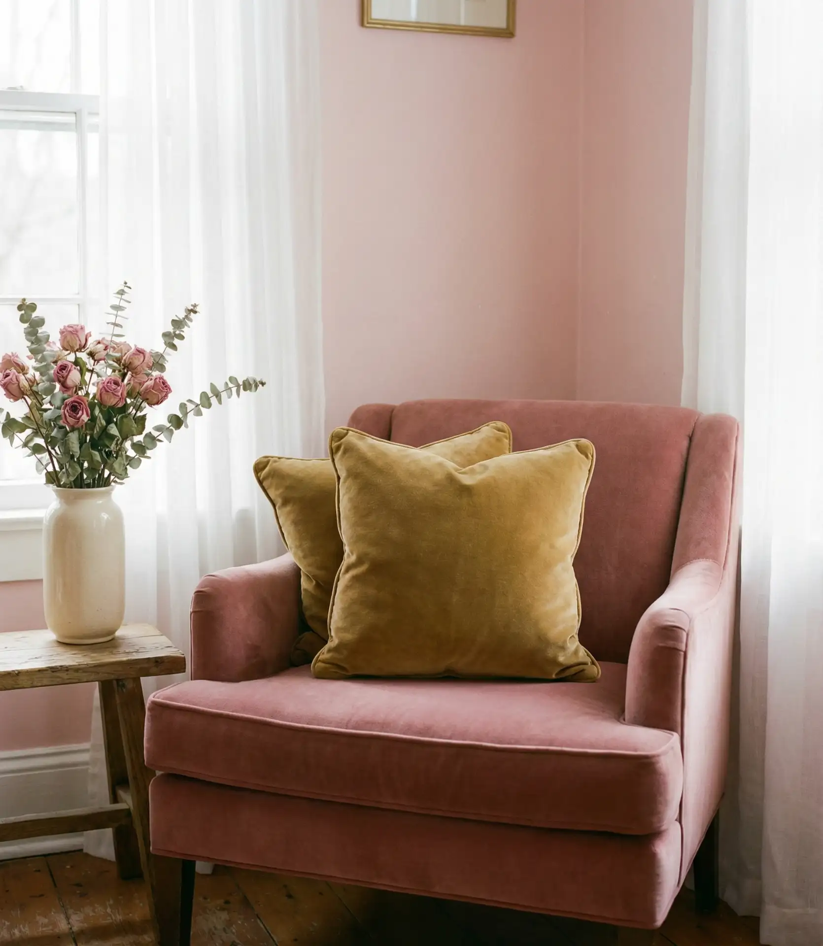 Cottage Living Room with Pink Upholstery and Soft Tones 1
