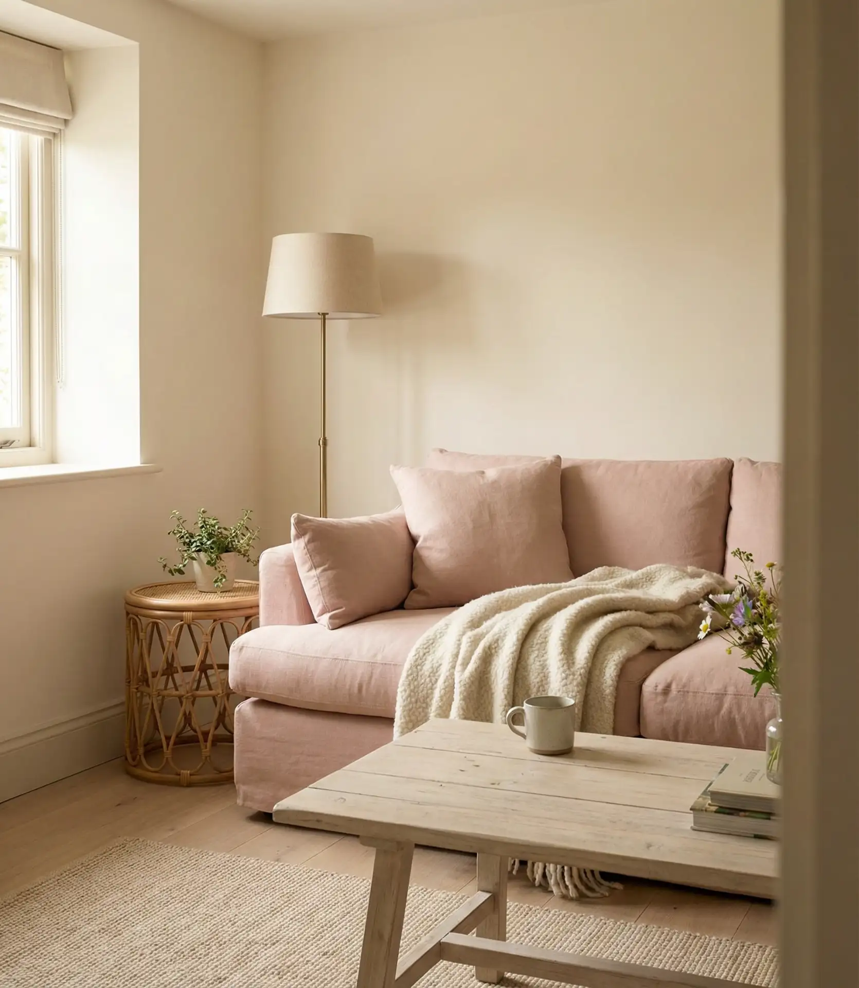 Cottage Living Room with Pink Upholstery and Soft Tones 2