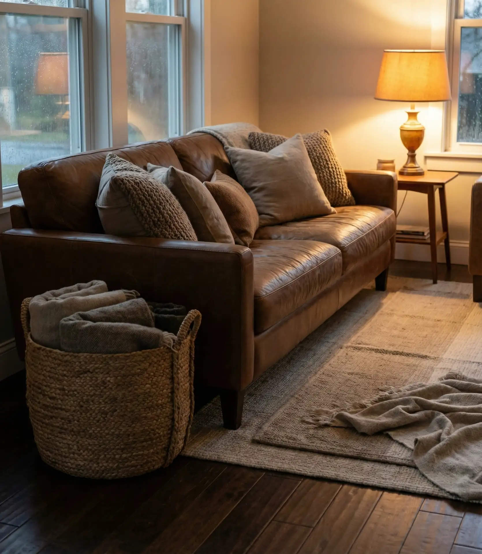 Cozy Brown Leather Sofa With Layered Textures 1
