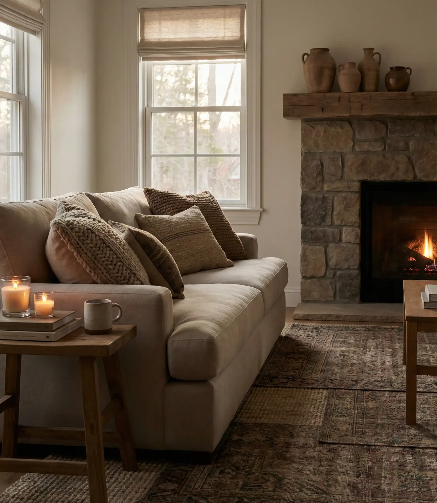 Cozy Fireplace Retreat with Layered Textures 1