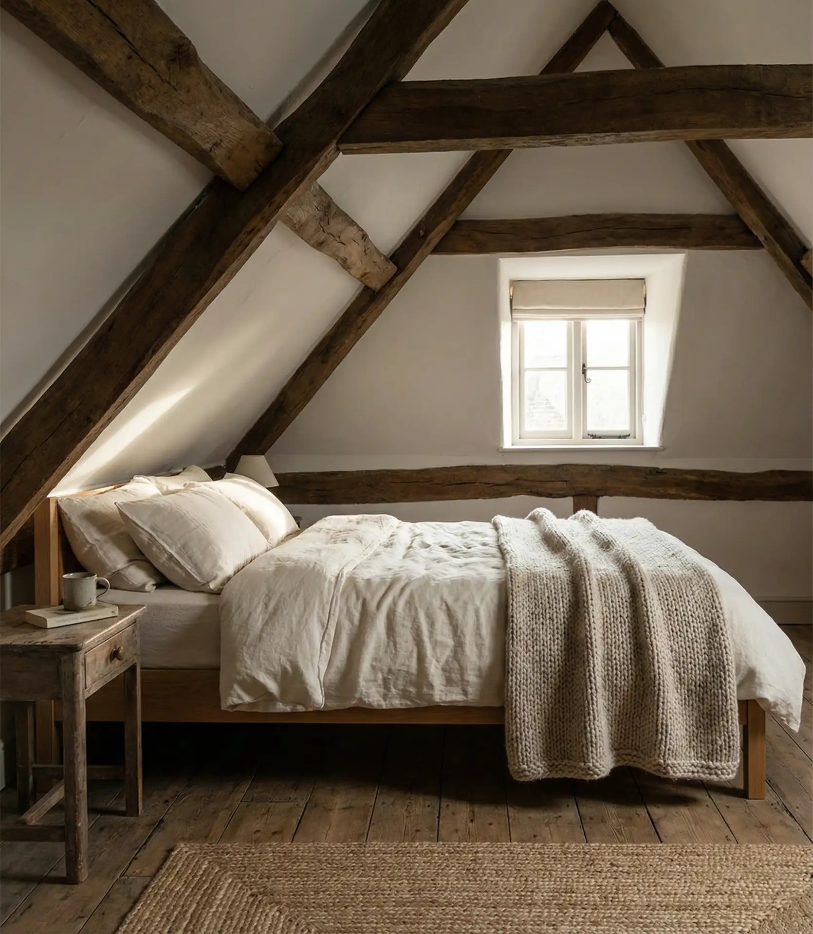 Cozy Slanted Ceiling with Exposed Beams 1
