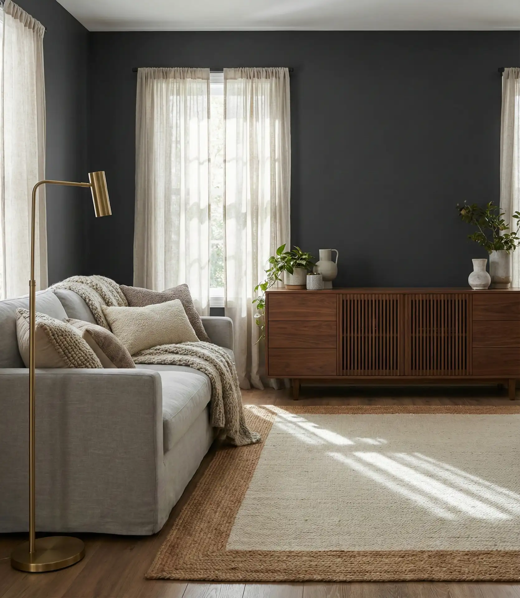 Dark Charcoal Walls with Warm Wood Accents 1