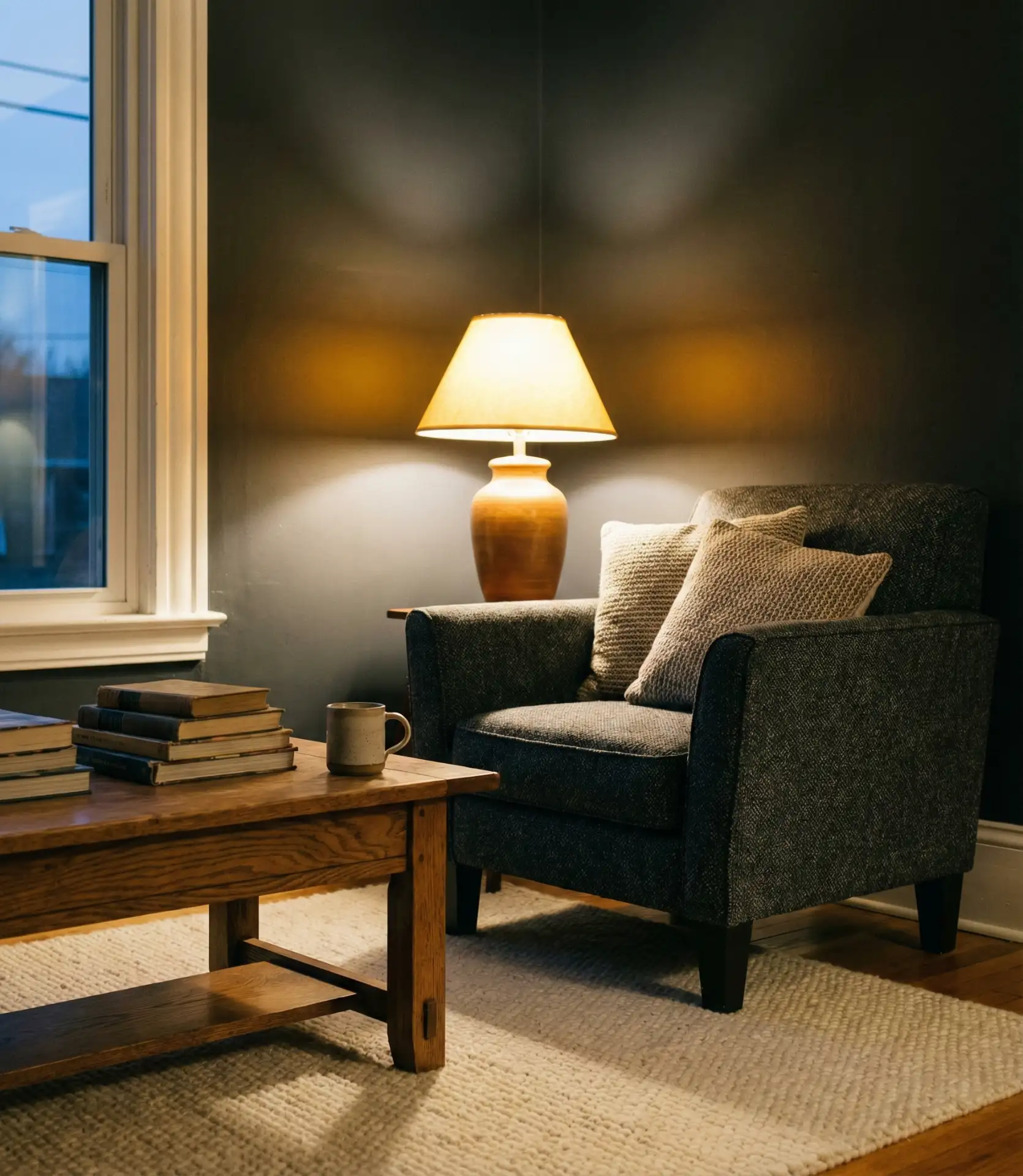 Dark Charcoal Walls with Warm Wood Accents 2