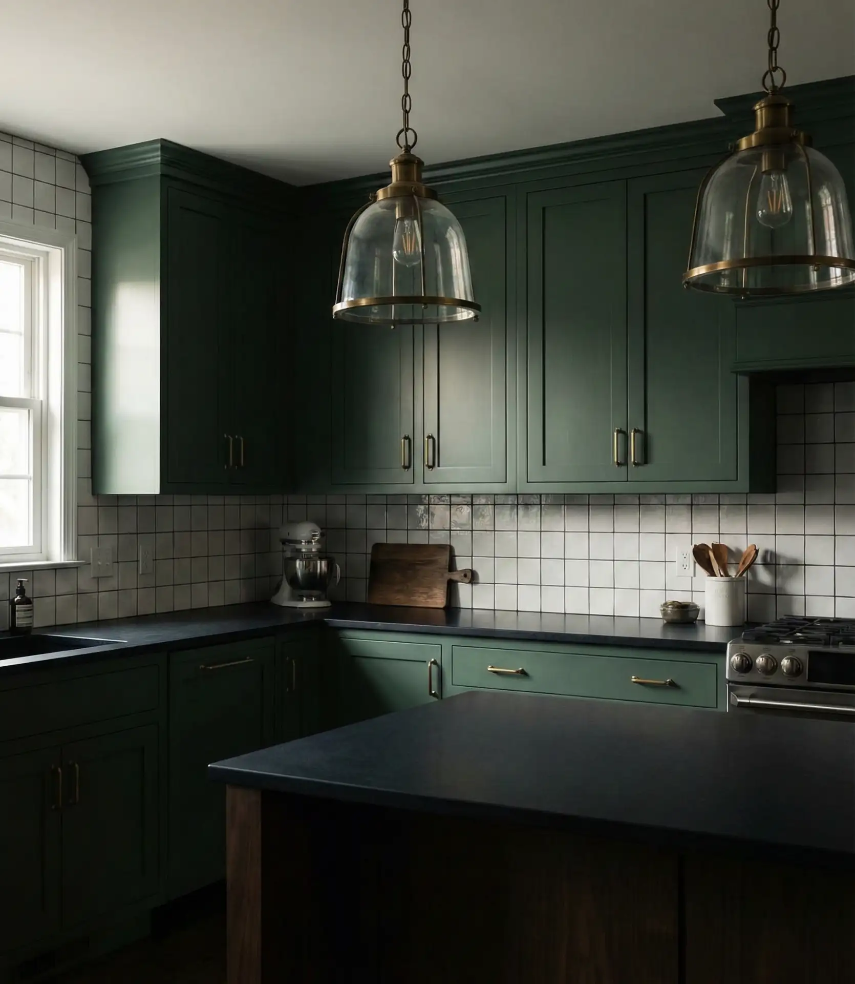 Dark Green Cabinets with Black Countertops 1