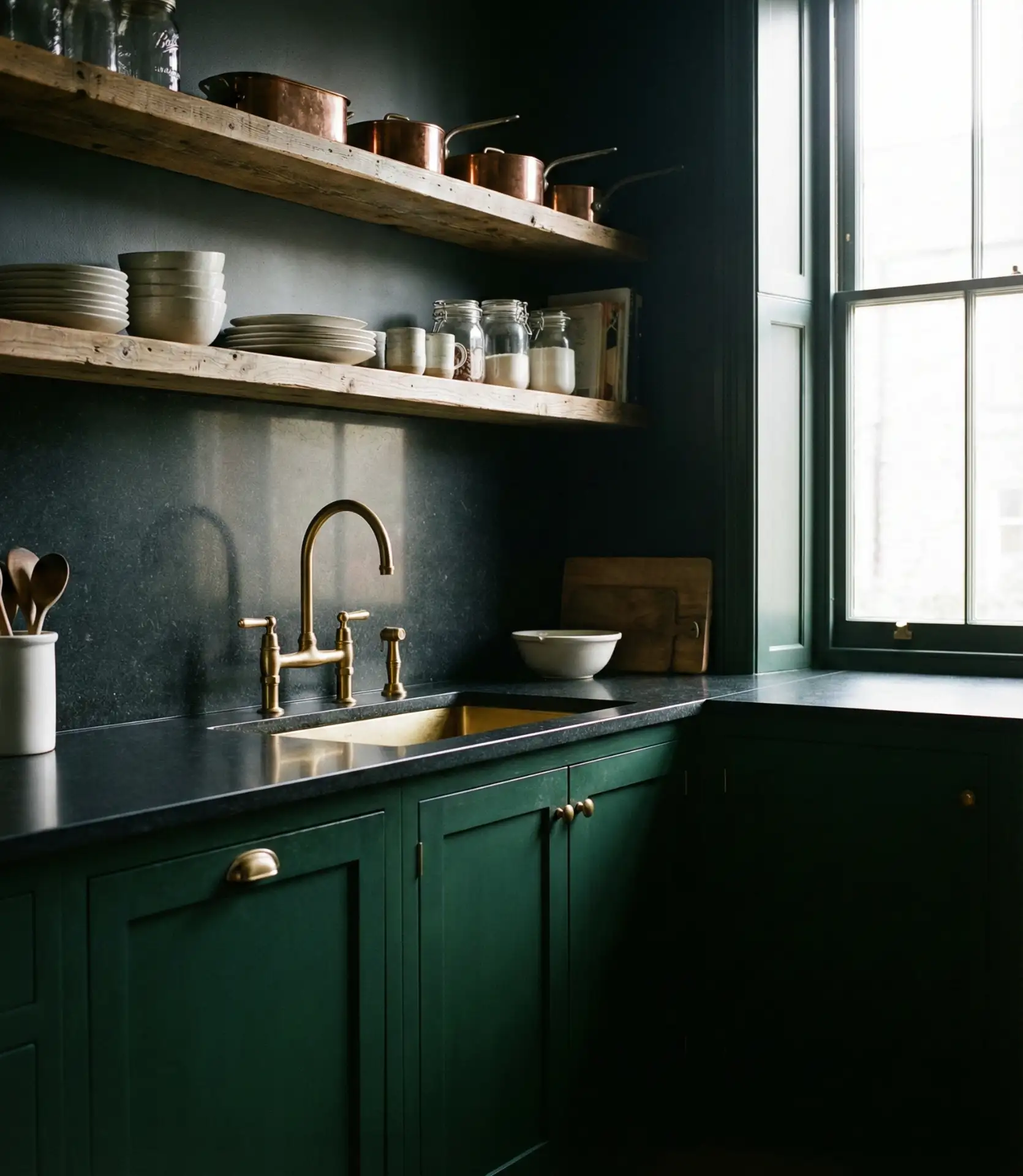 Dark Green Cabinets with Black Countertops 2