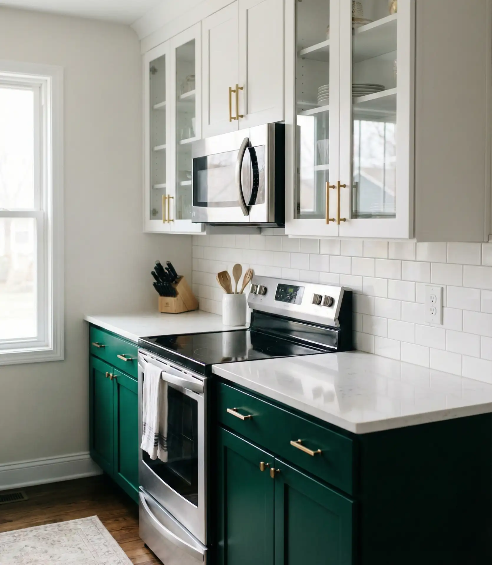 Dark Green Lower Cabinets with White Uppers 1