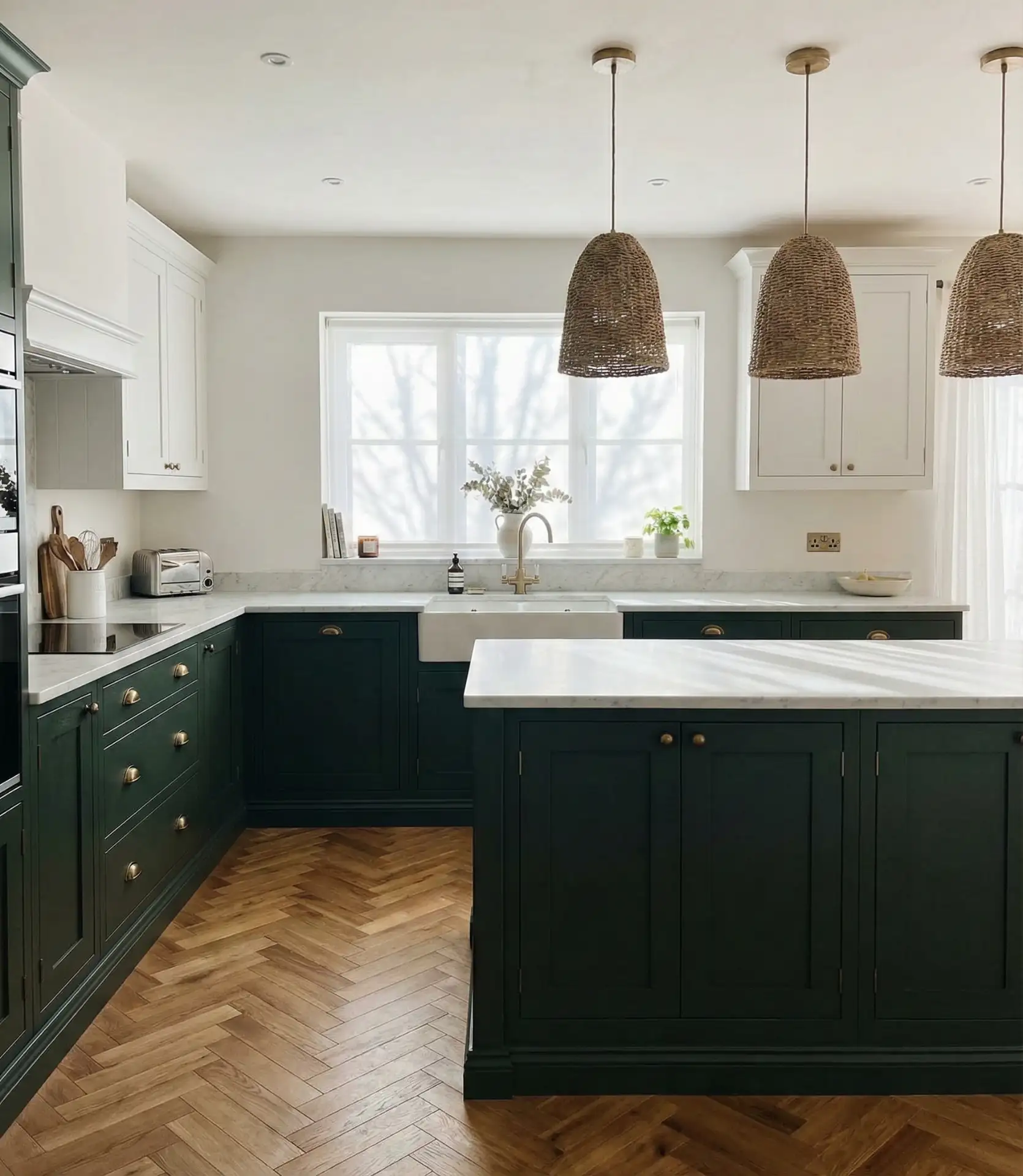 Dark Green Lower Cabinets with White Uppers 2