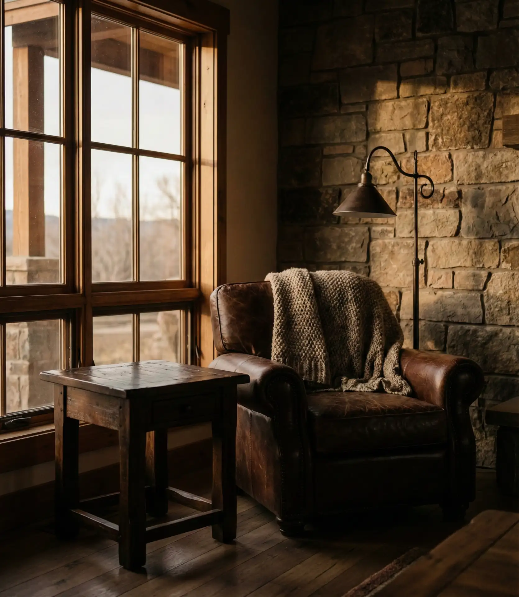 Dark Ranch Style Living Room with Leather and Iron 2
