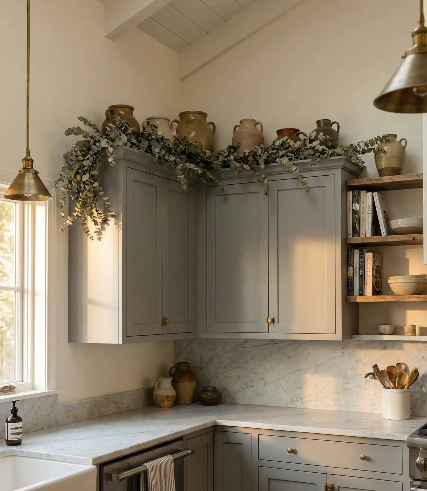 Decorating Above Cabinets with Greenery 2