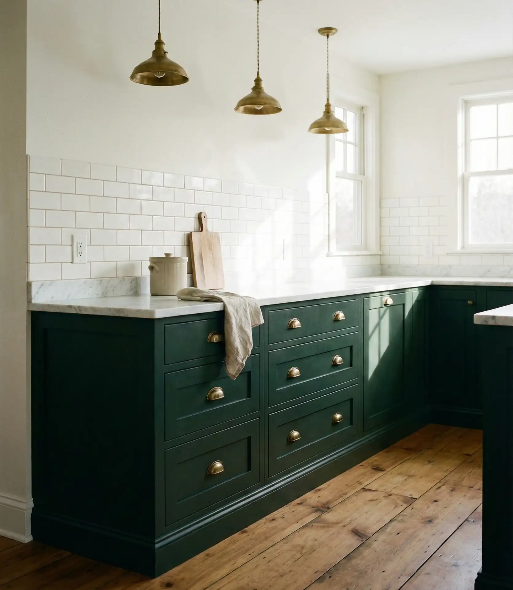Deep Green Cabinets with Brass Accents 1