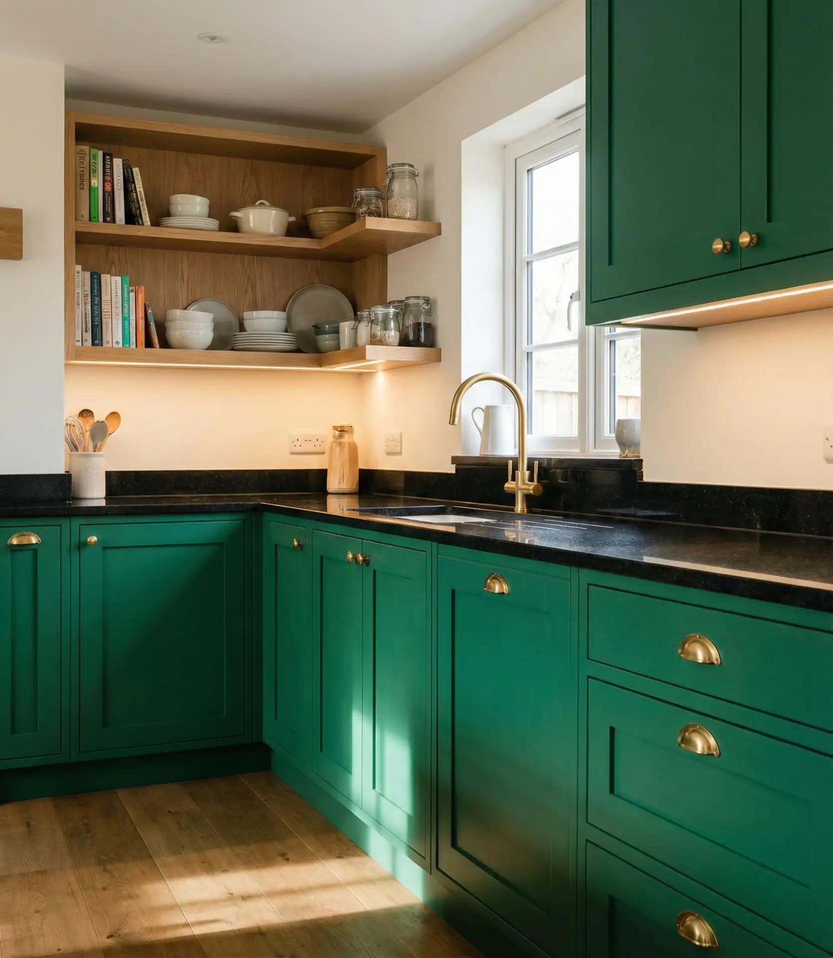 Deep Green Cabinets with Brass Accents 2