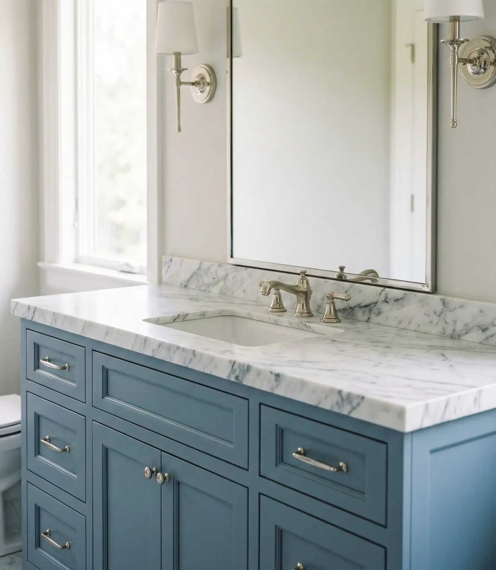 Dusty Blue Cabinets with Marble 1