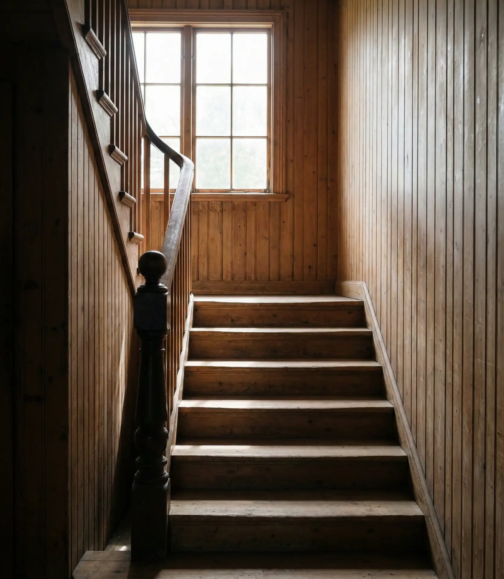 Enclosed Staircase with Warm Wood Paneling 1