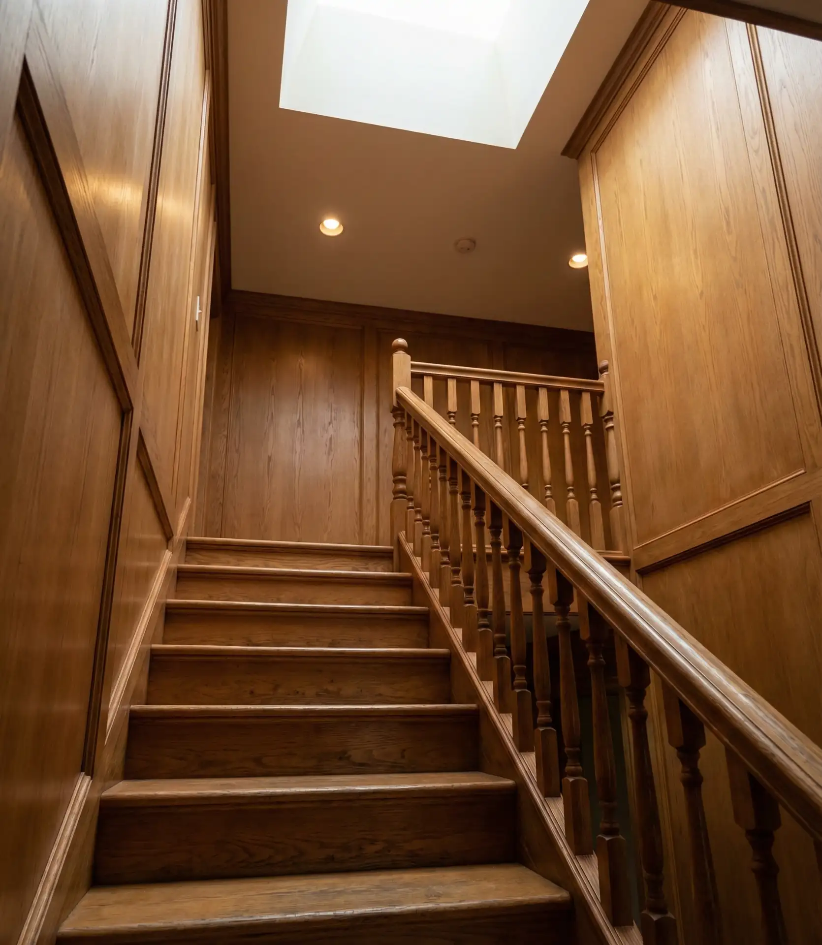 Enclosed Staircase with Warm Wood Paneling 2