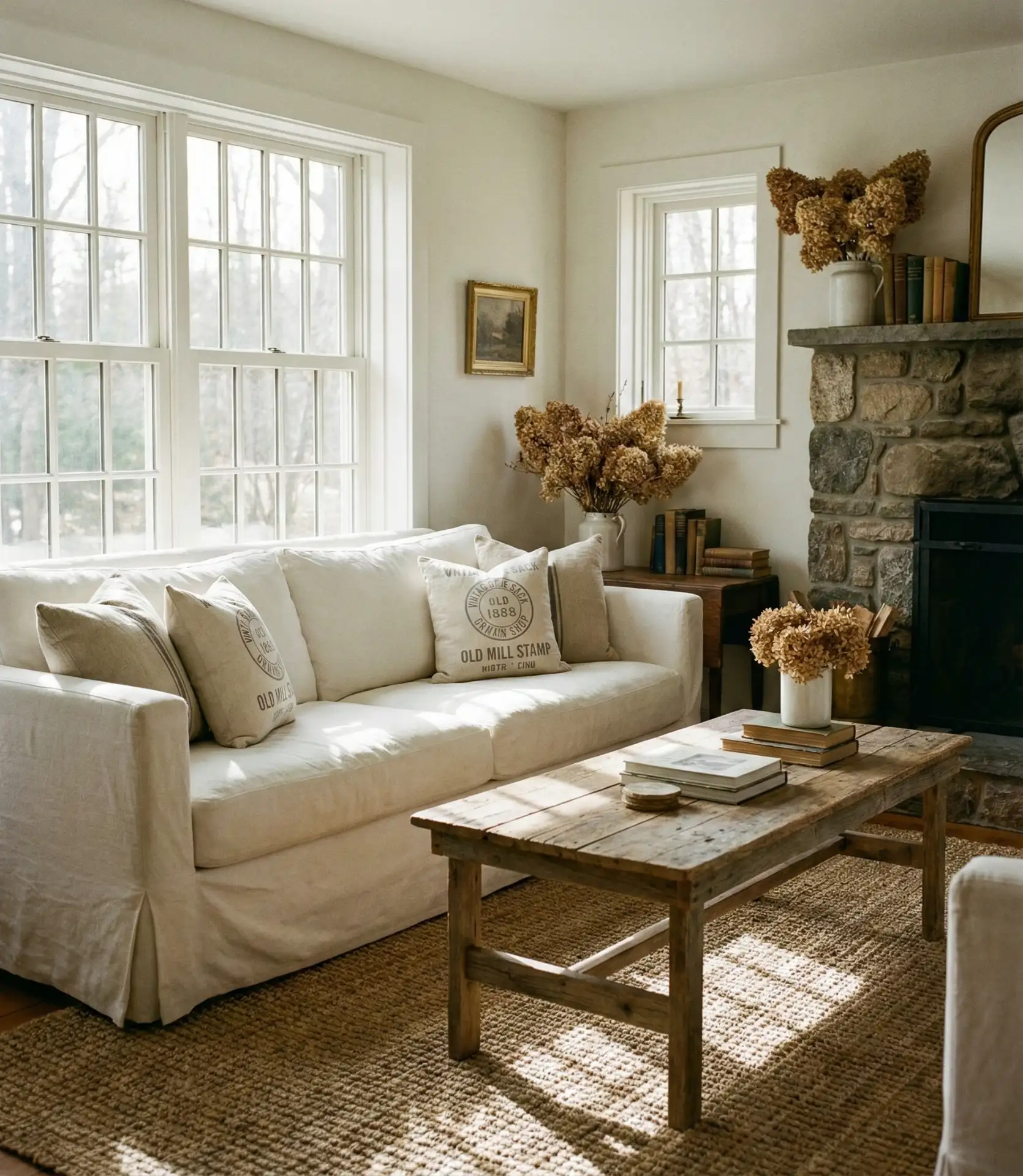 Farmhouse Style Living Room with Slipcovered Sofas 2