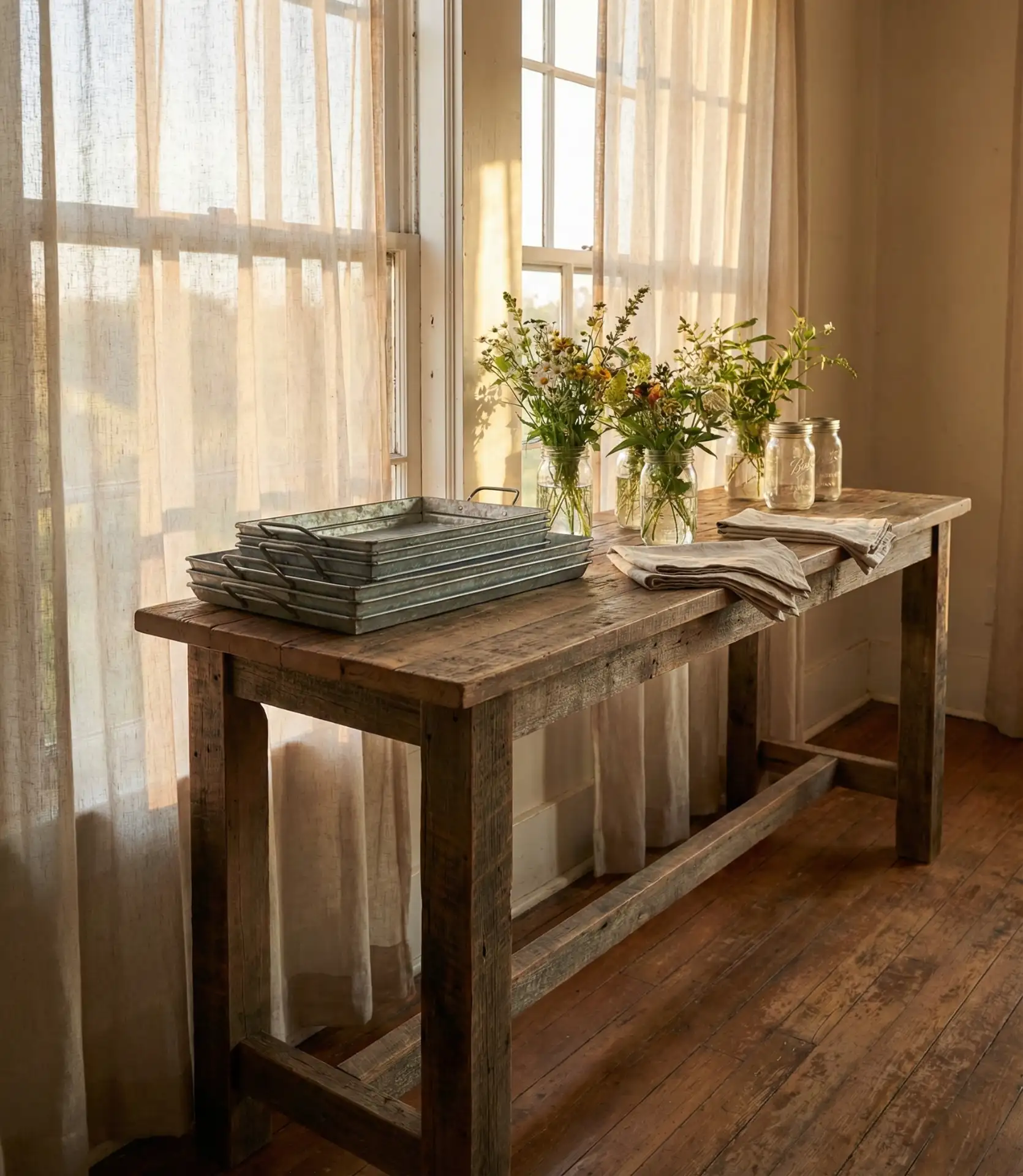 Farmhouse Wood Console with Galvanized Trays 1