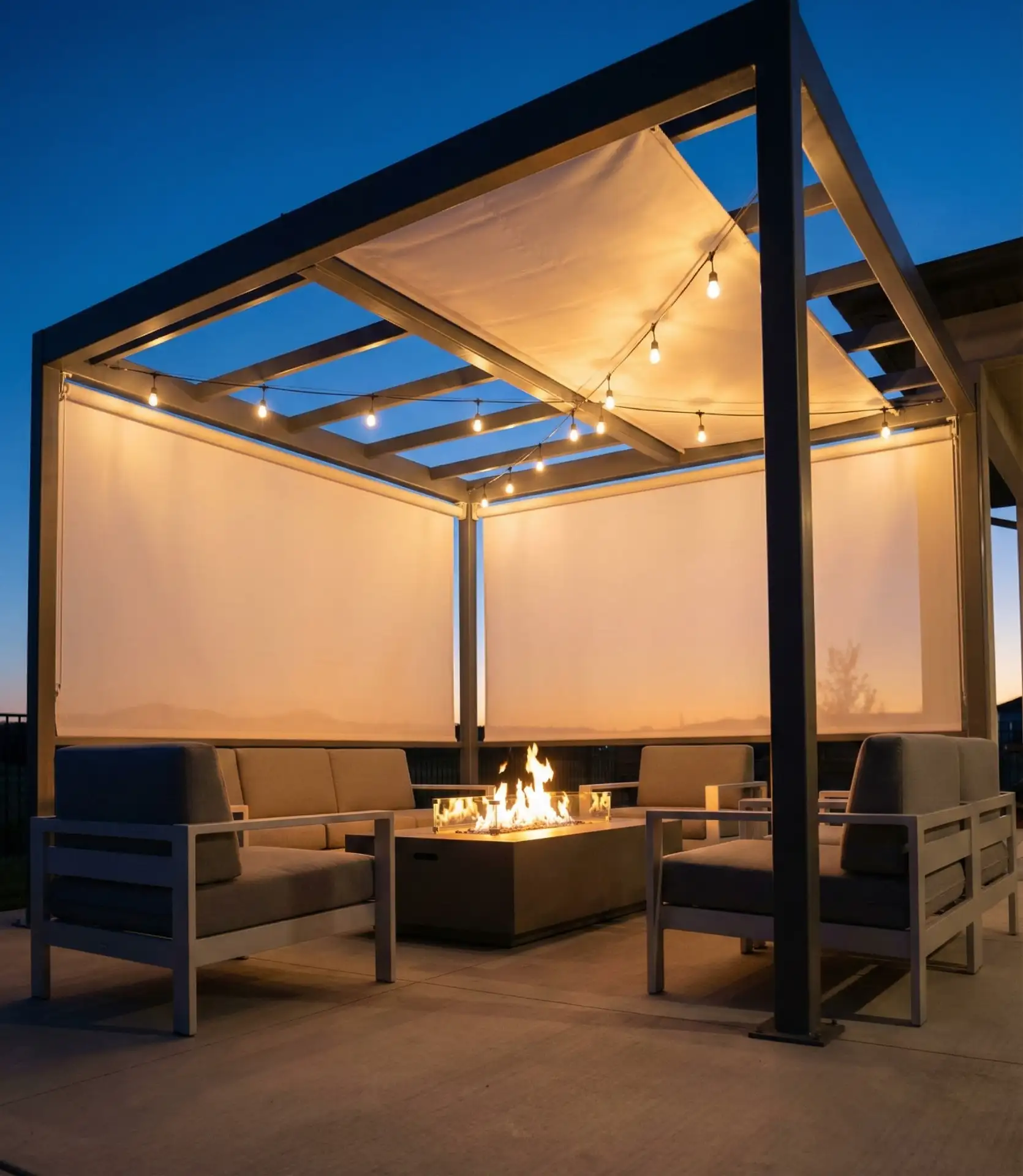 Fire Pit Under Pergola with Retractable Canopy 1