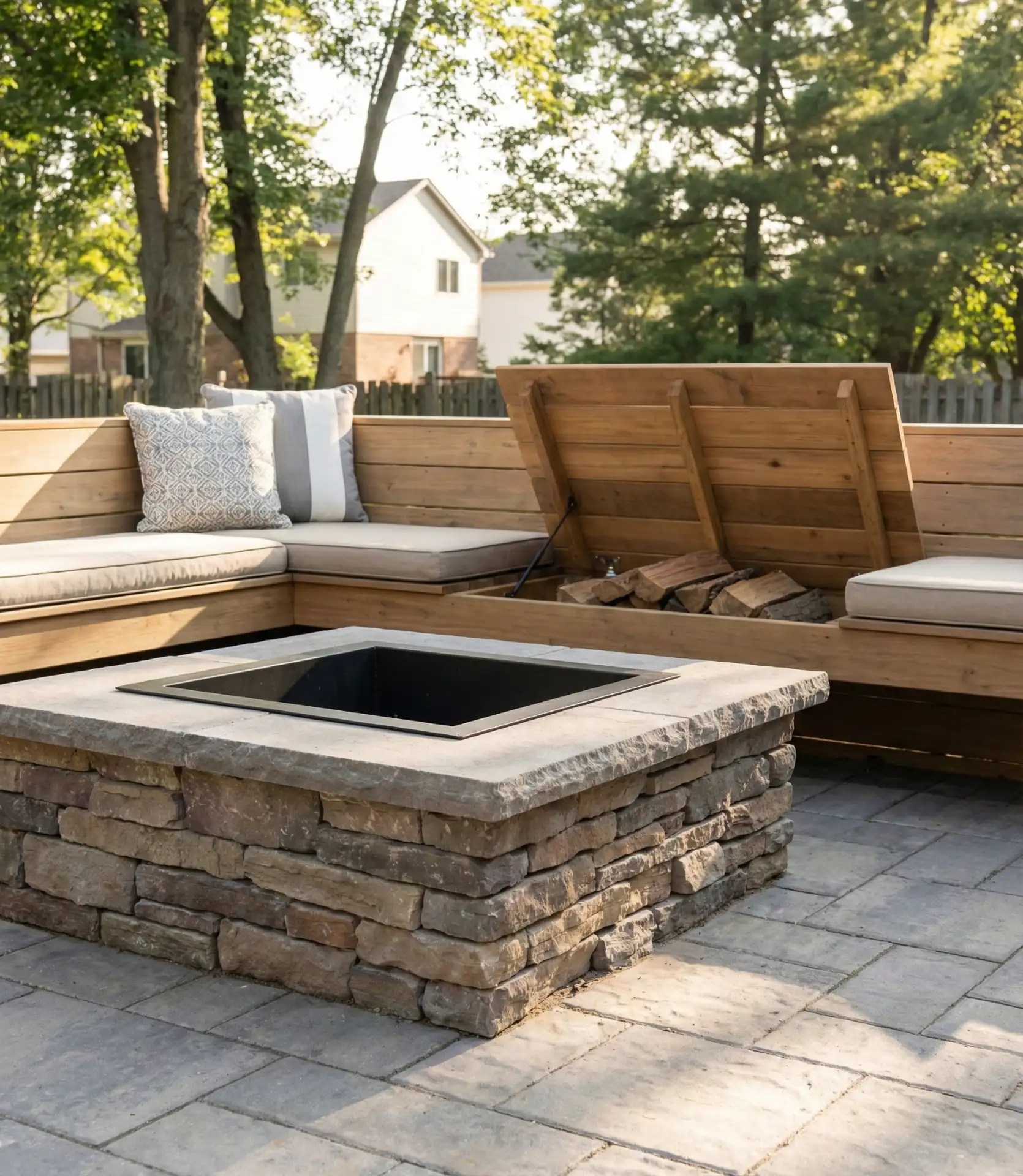 Fire Pit with Built-In Bench and Storage Below 1