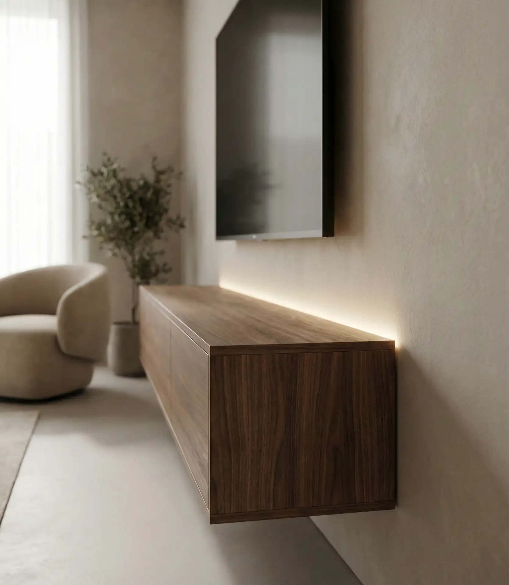 Floating Walnut Console with Hidden Wiring 2