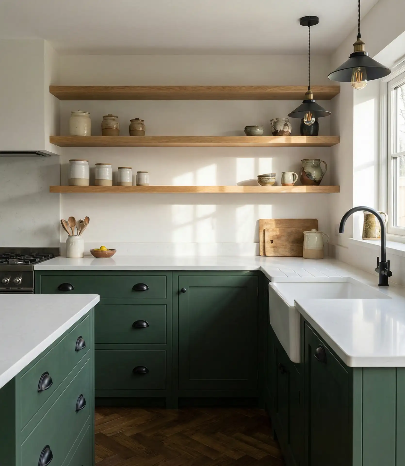 Forest Green Cabinets with Warm Oak Open Shelving 1