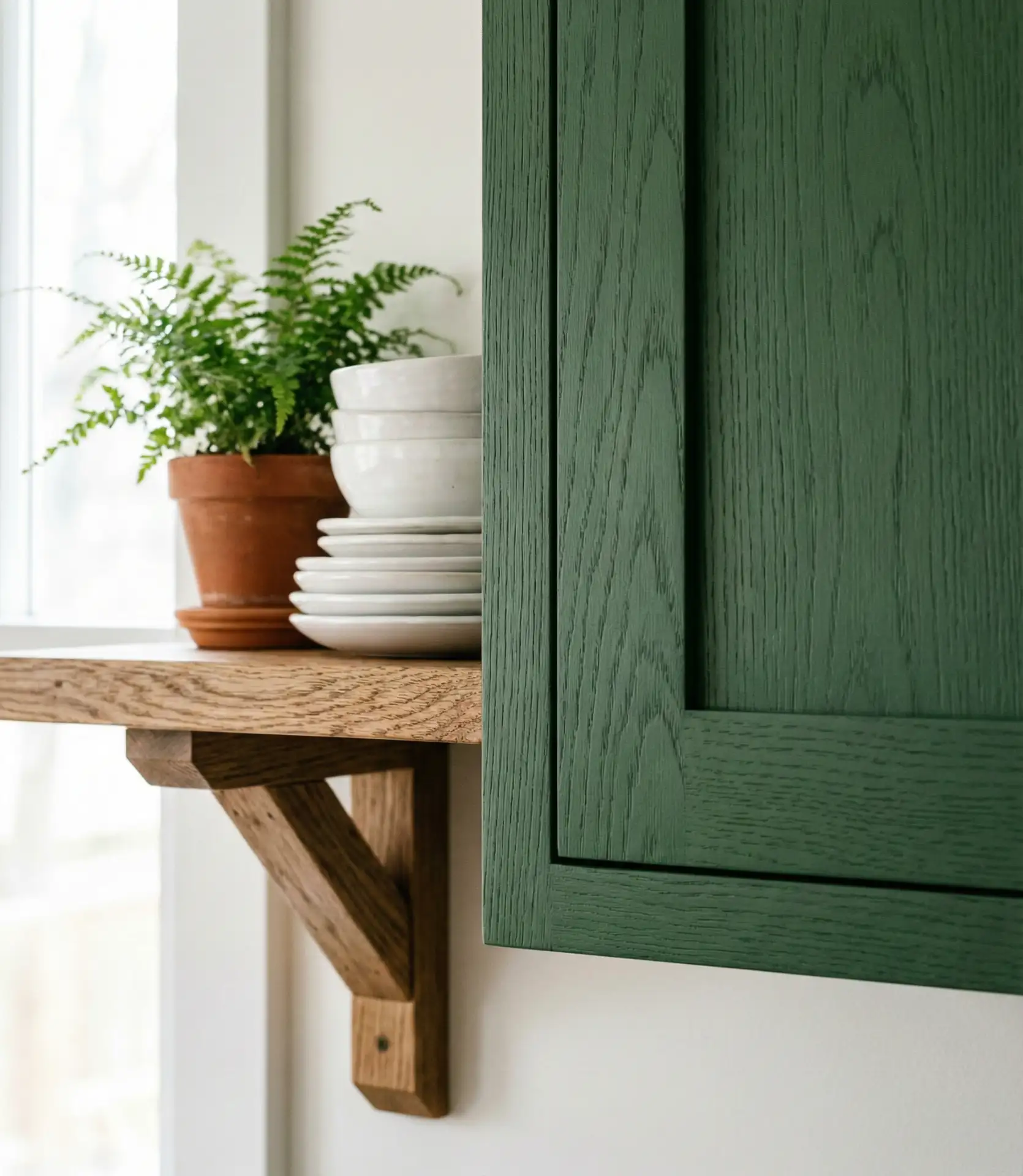 Forest Green Cabinets with Warm Oak Open Shelving 2