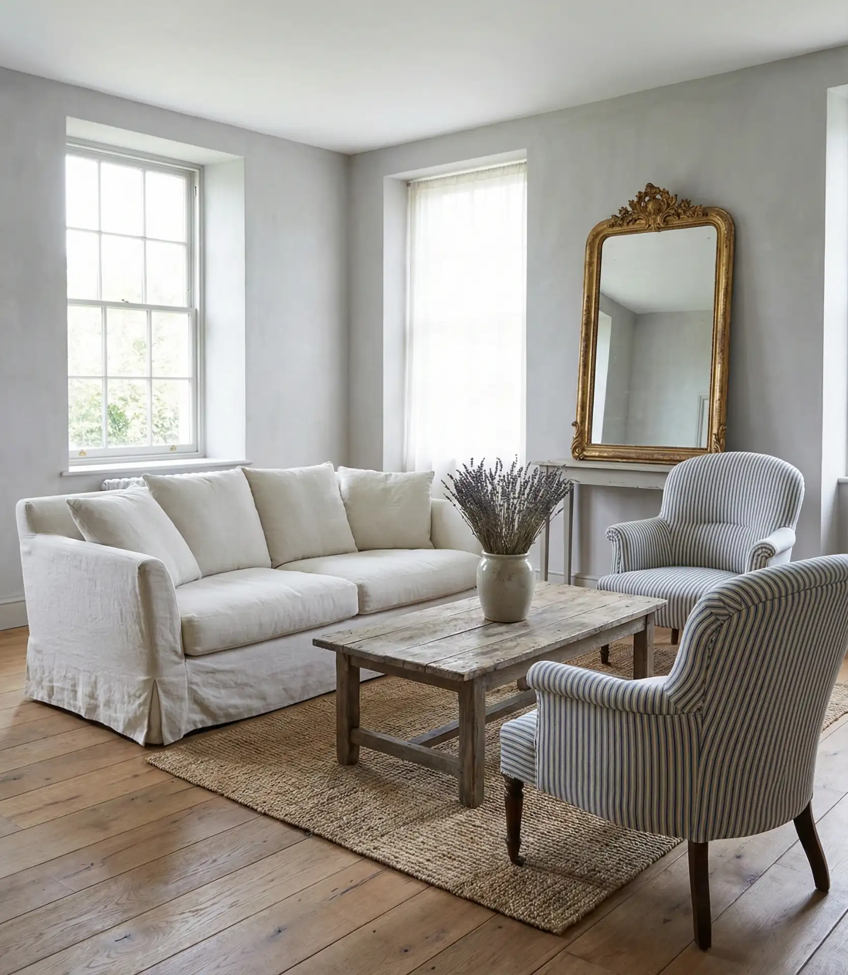 French Country Cottage Living Room with Linen Upholstery 1