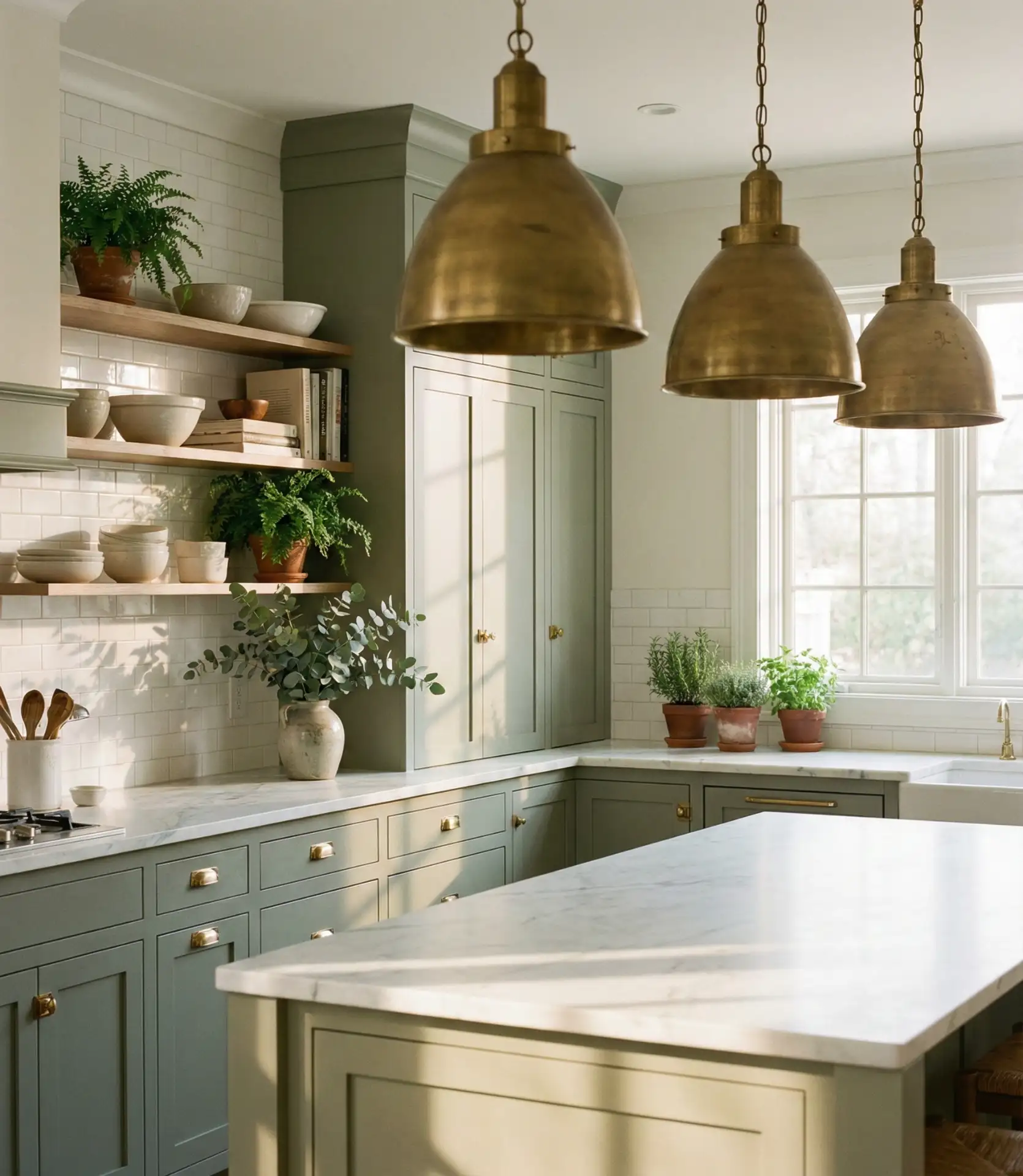 Green Cabinets with Brass Accents 1