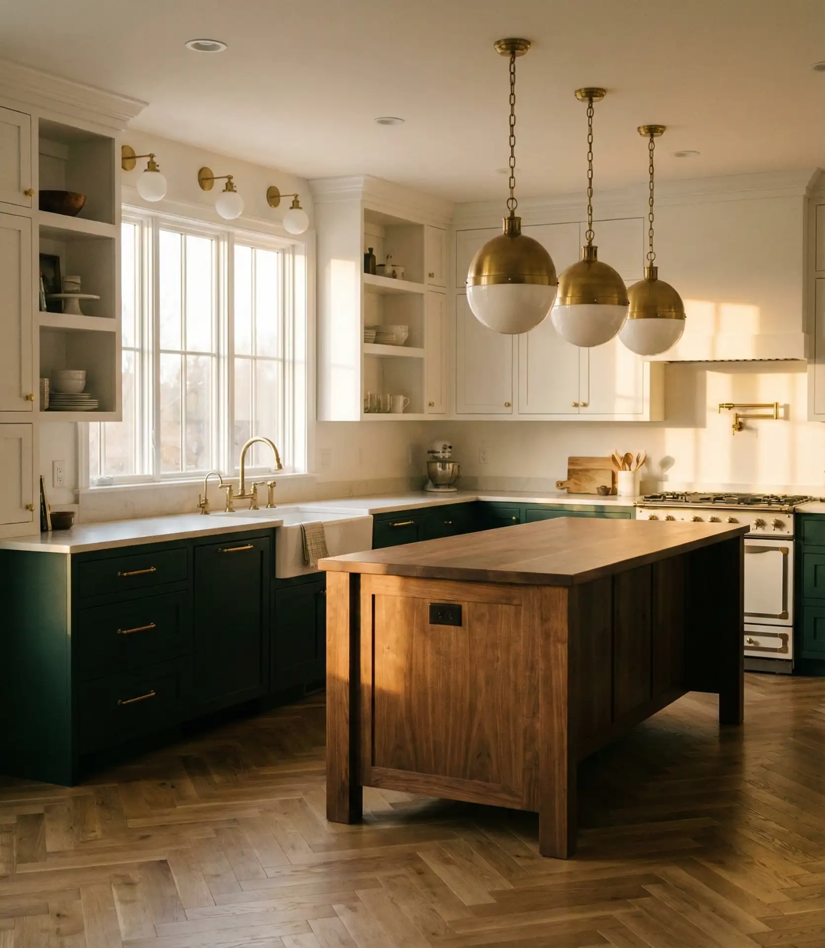 Green Cabinets with Brass Accents 2
