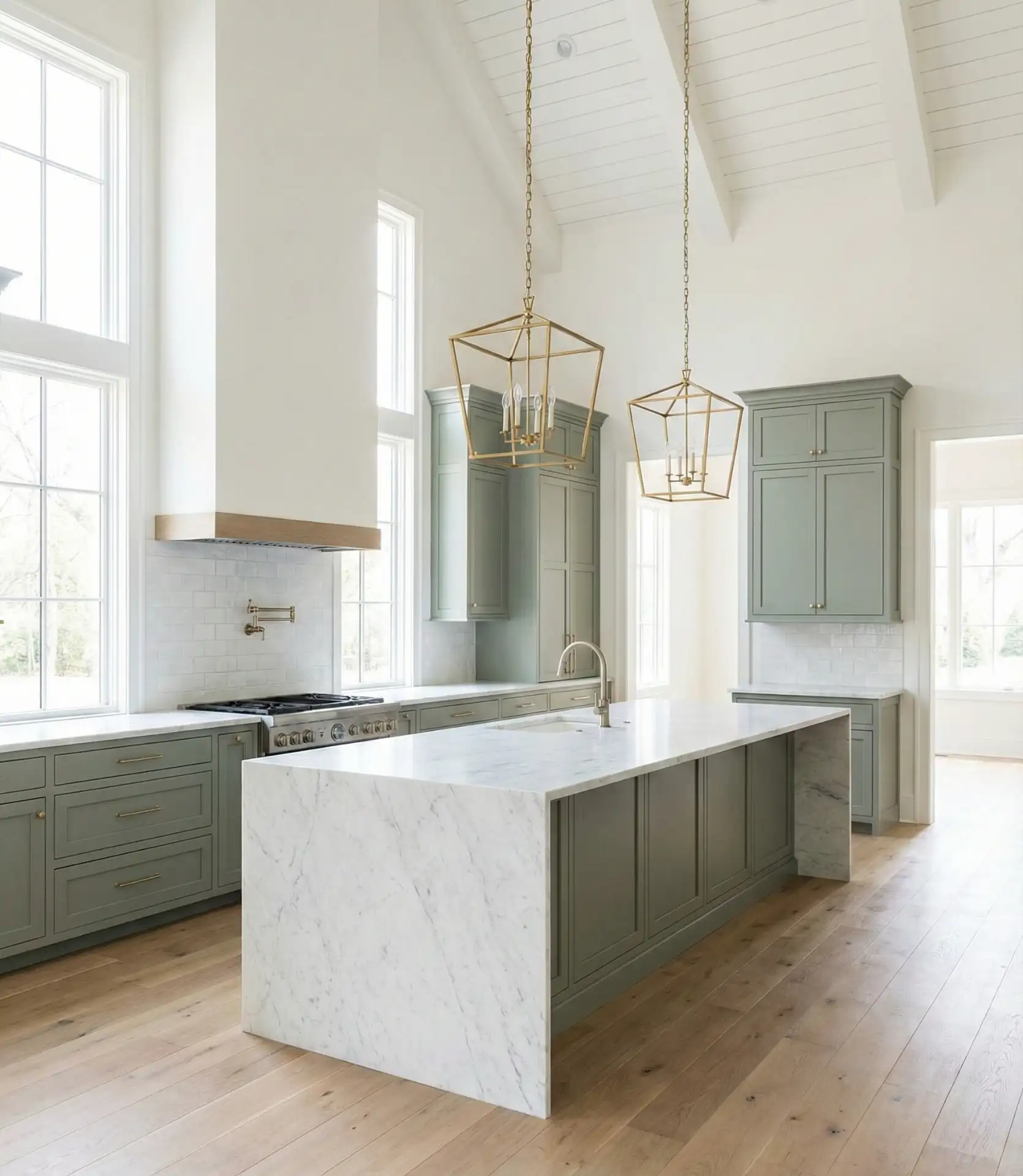 Green Kitchen with Statement Lighting Fixtures 1