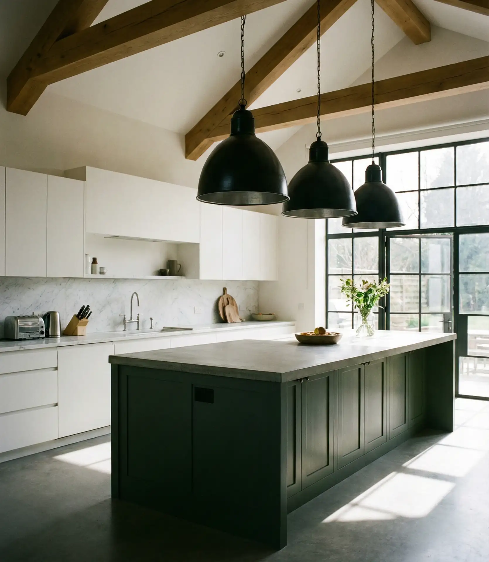 Green Kitchen with Statement Lighting Fixtures 2