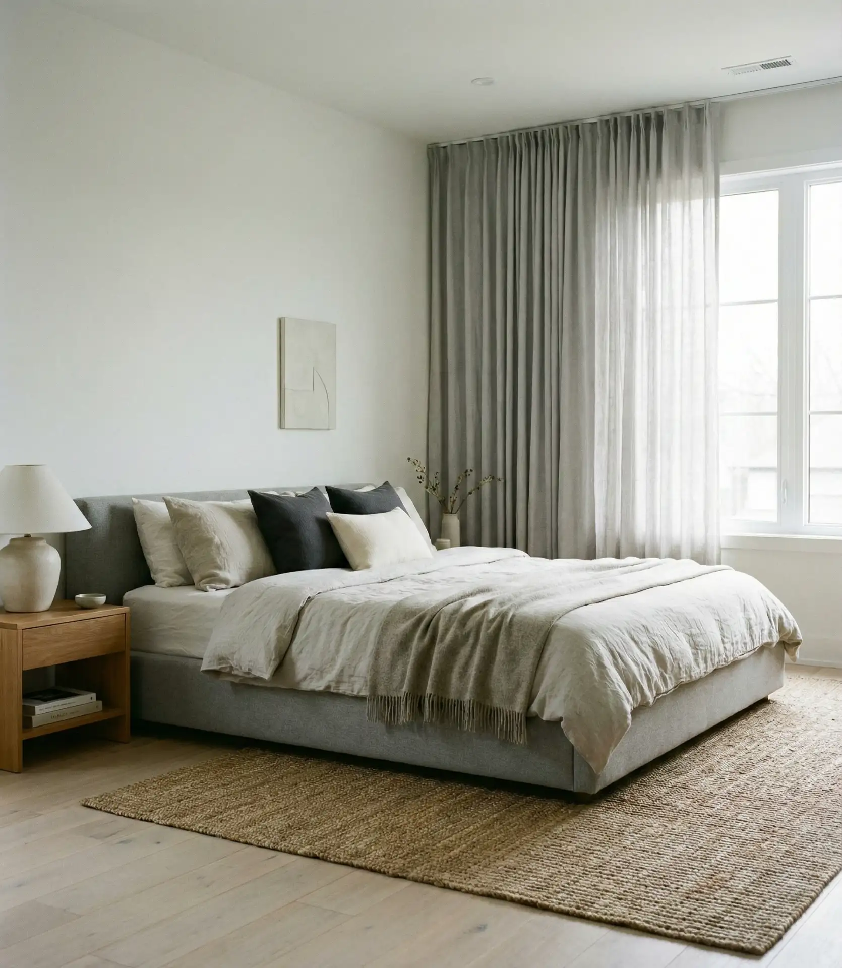 Grey Bed Frame Pairing with Soft Grey Curtains 1