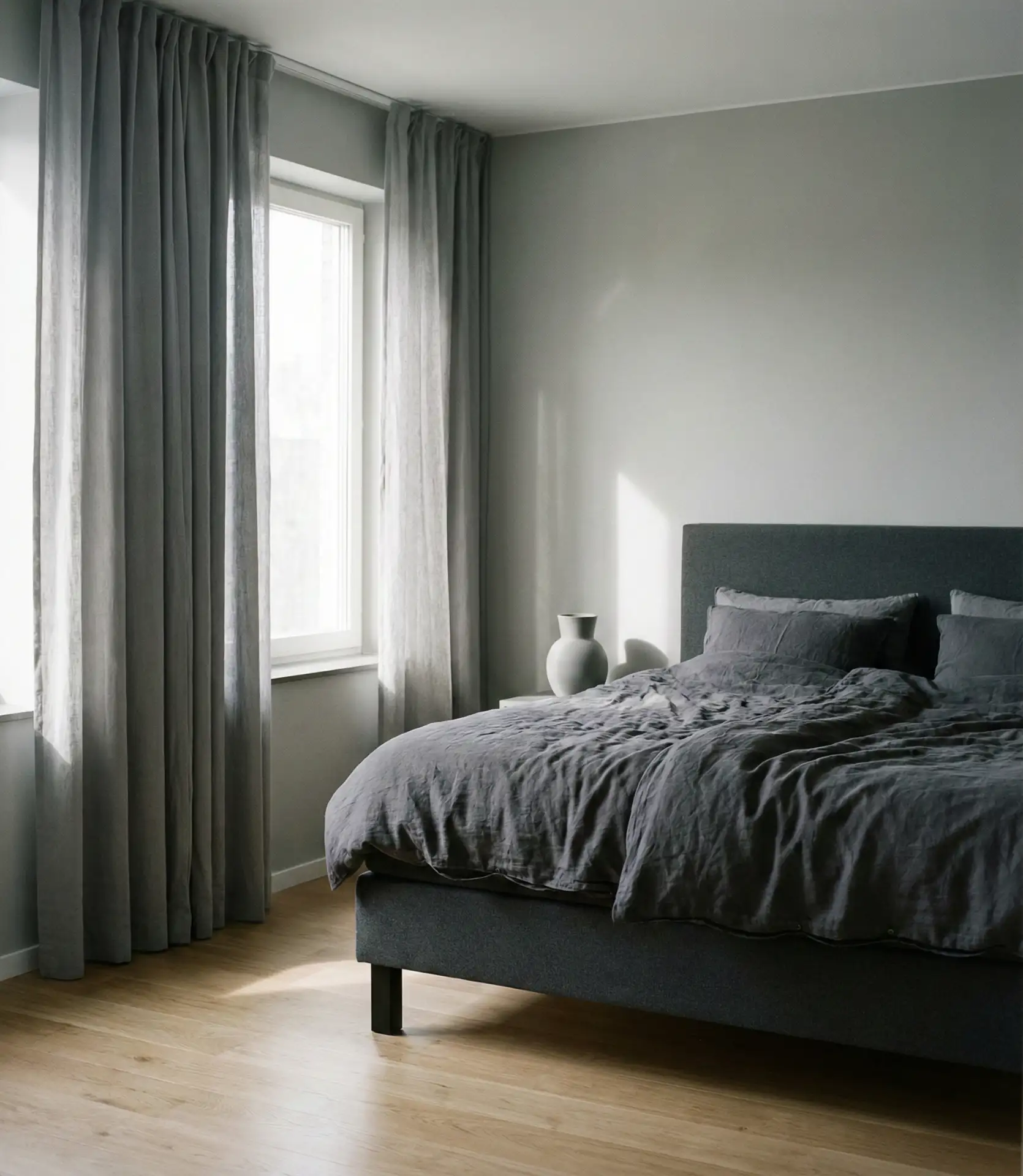 Grey Bed Frame Pairing with Soft Grey Curtains 2