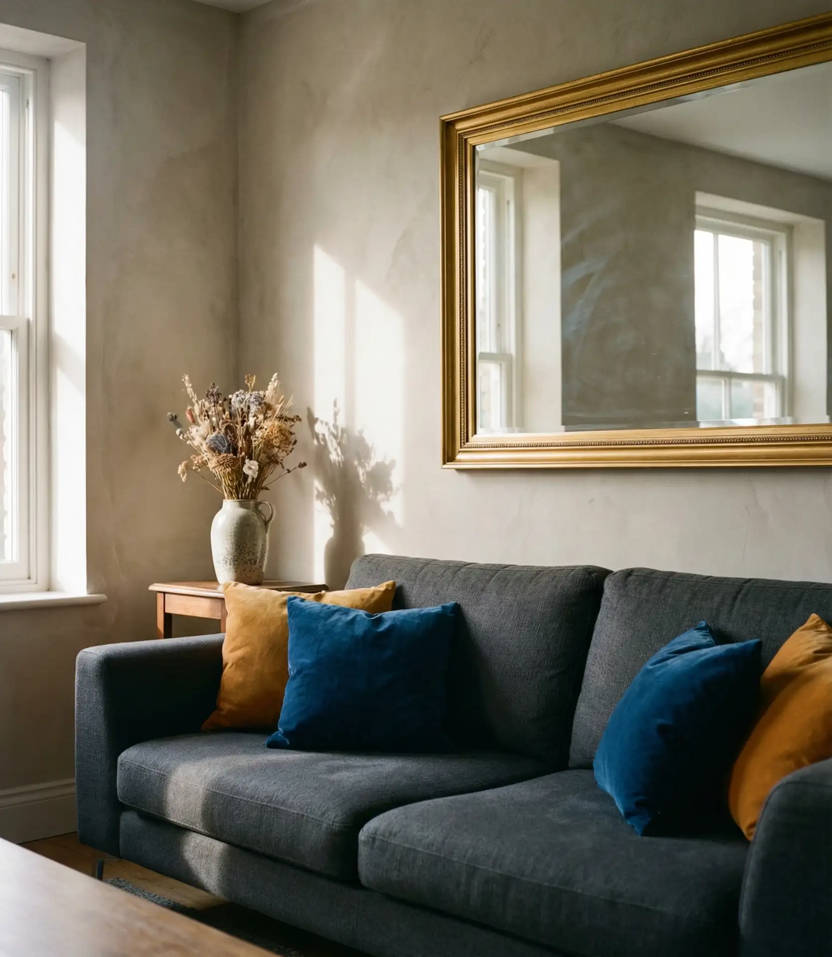 Grey Couch With Jewel-Toned Accents 1