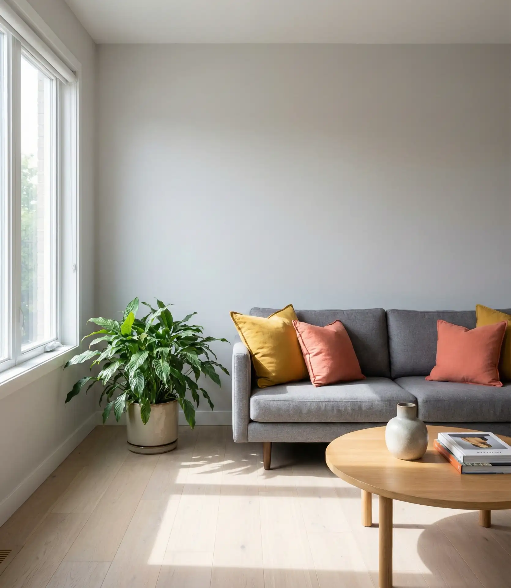Grey Living Room with Pop of Color in Throw Pillows 1