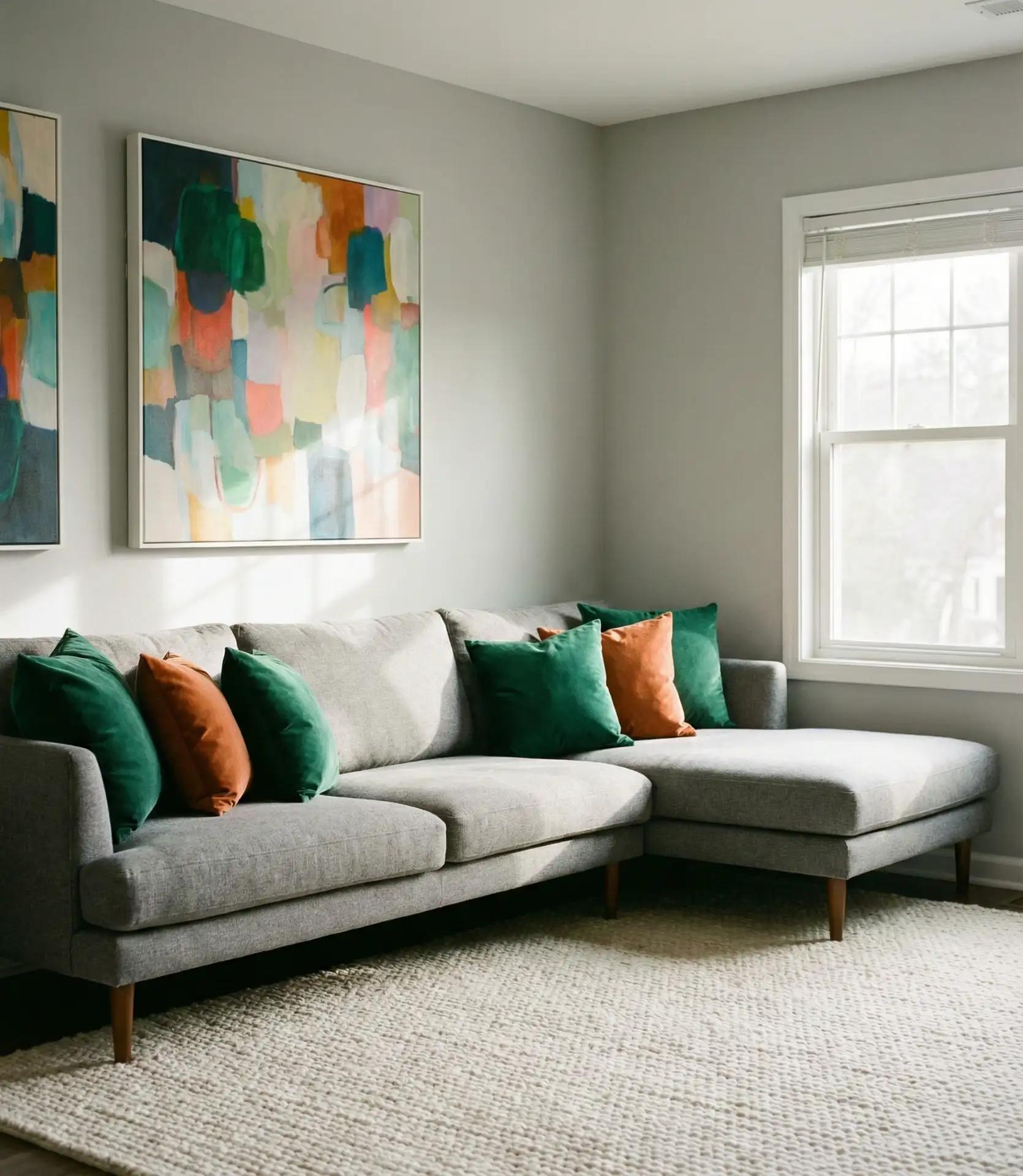 Grey Living Room with Pop of Color in Throw Pillows 2