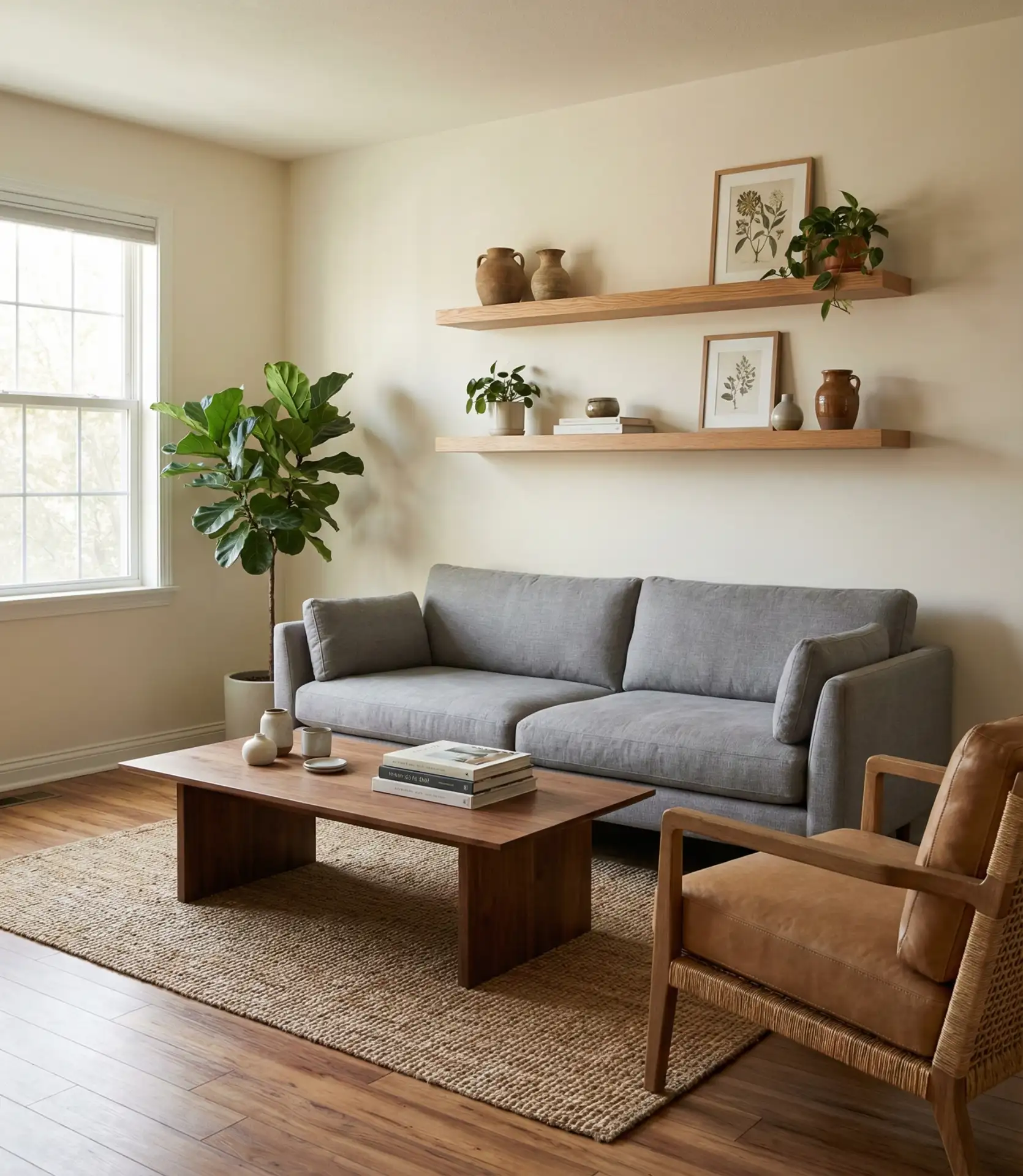 Grey Sofa With Warm Wood Tones 1