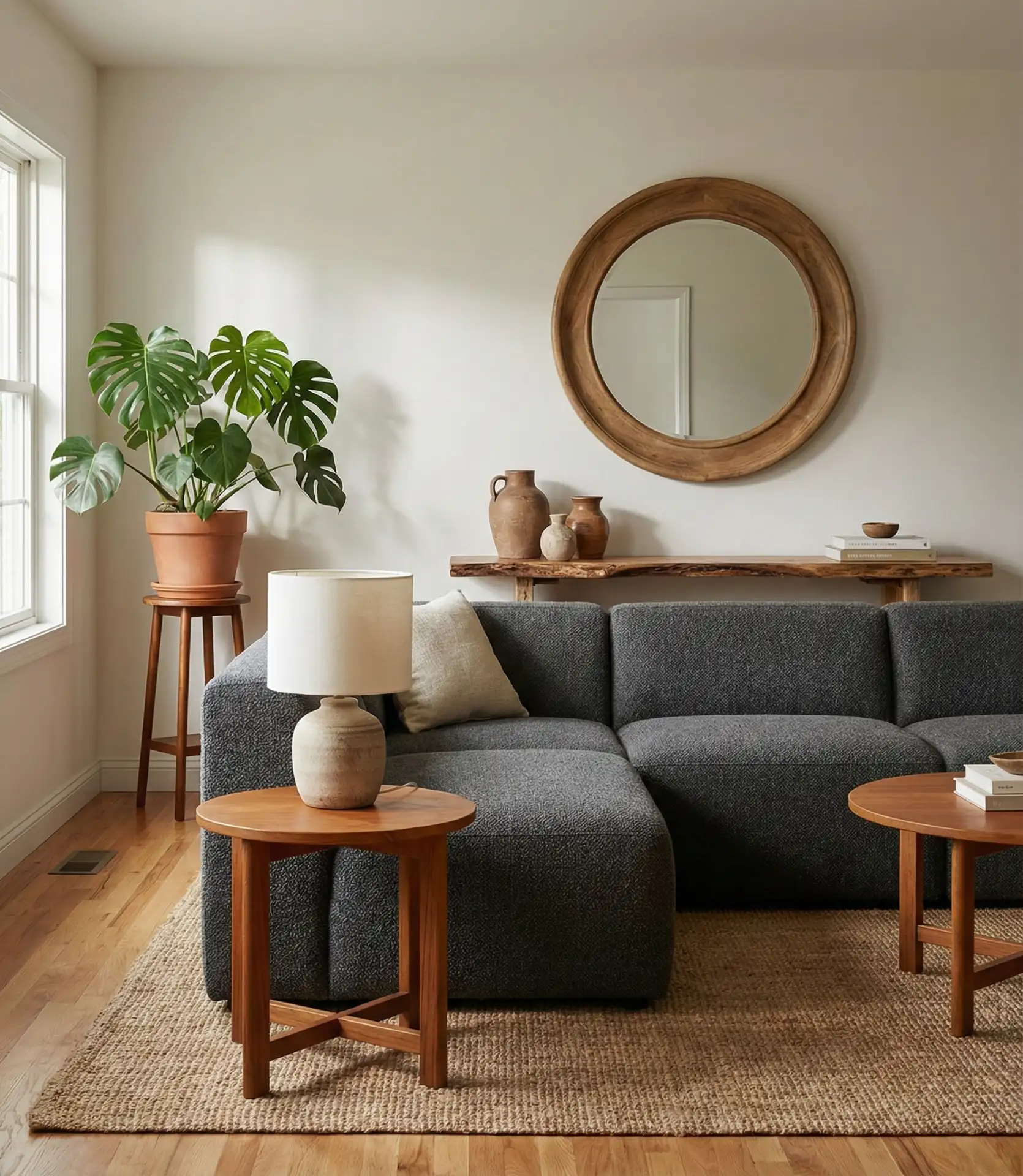 Grey Sofa With Warm Wood Tones 2