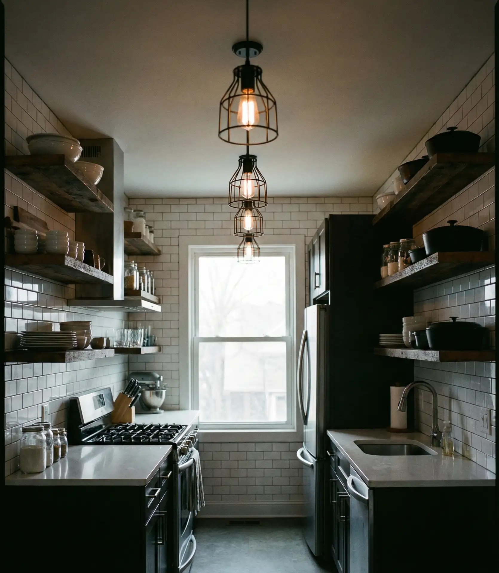 Industrial Cage Lights in Galley Kitchens 2