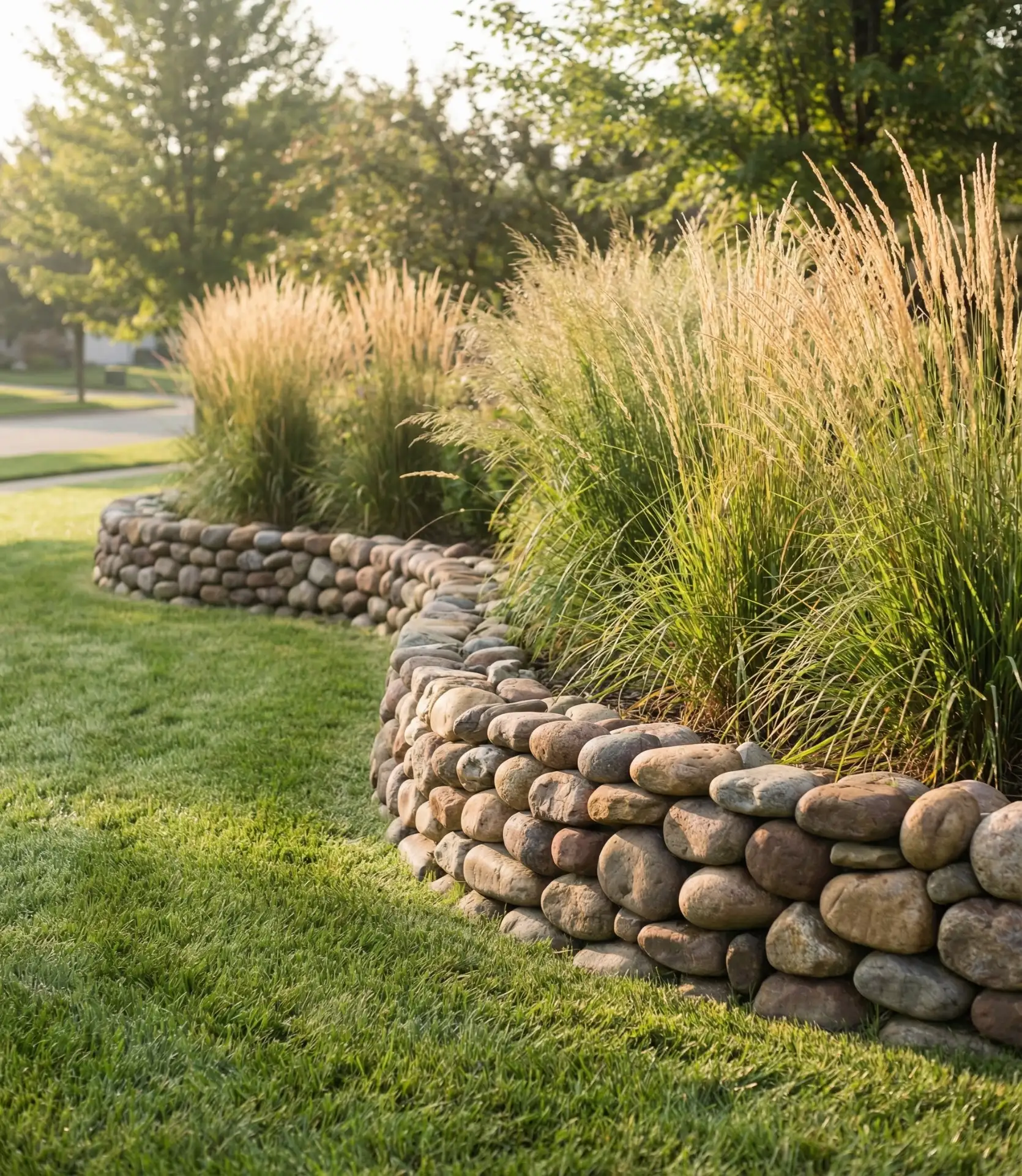 Layered River Rock Borders with Native Grasses 1