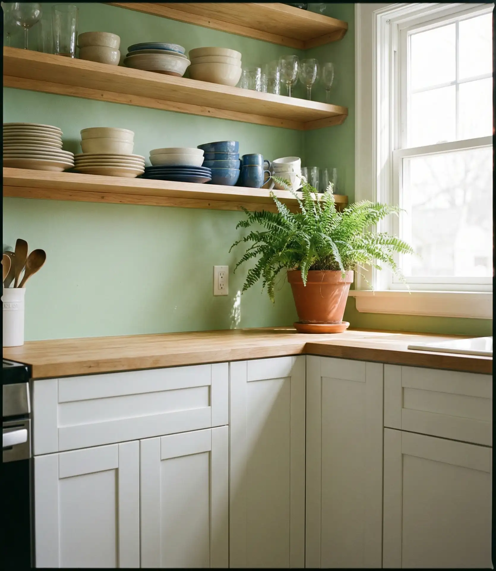 Light Green Walls with White Shaker Cabinets 1