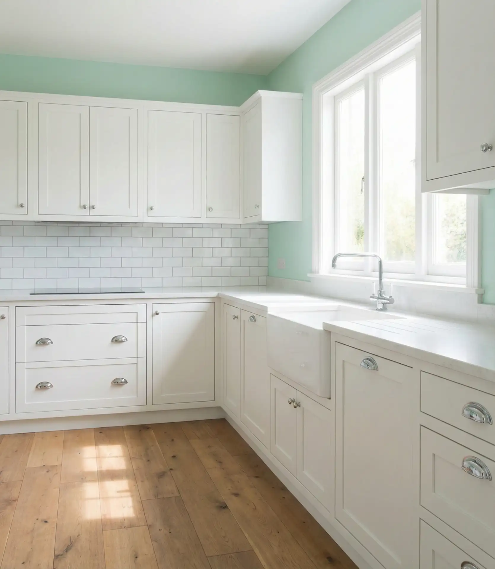 Light Green Walls with White Shaker Cabinets 2