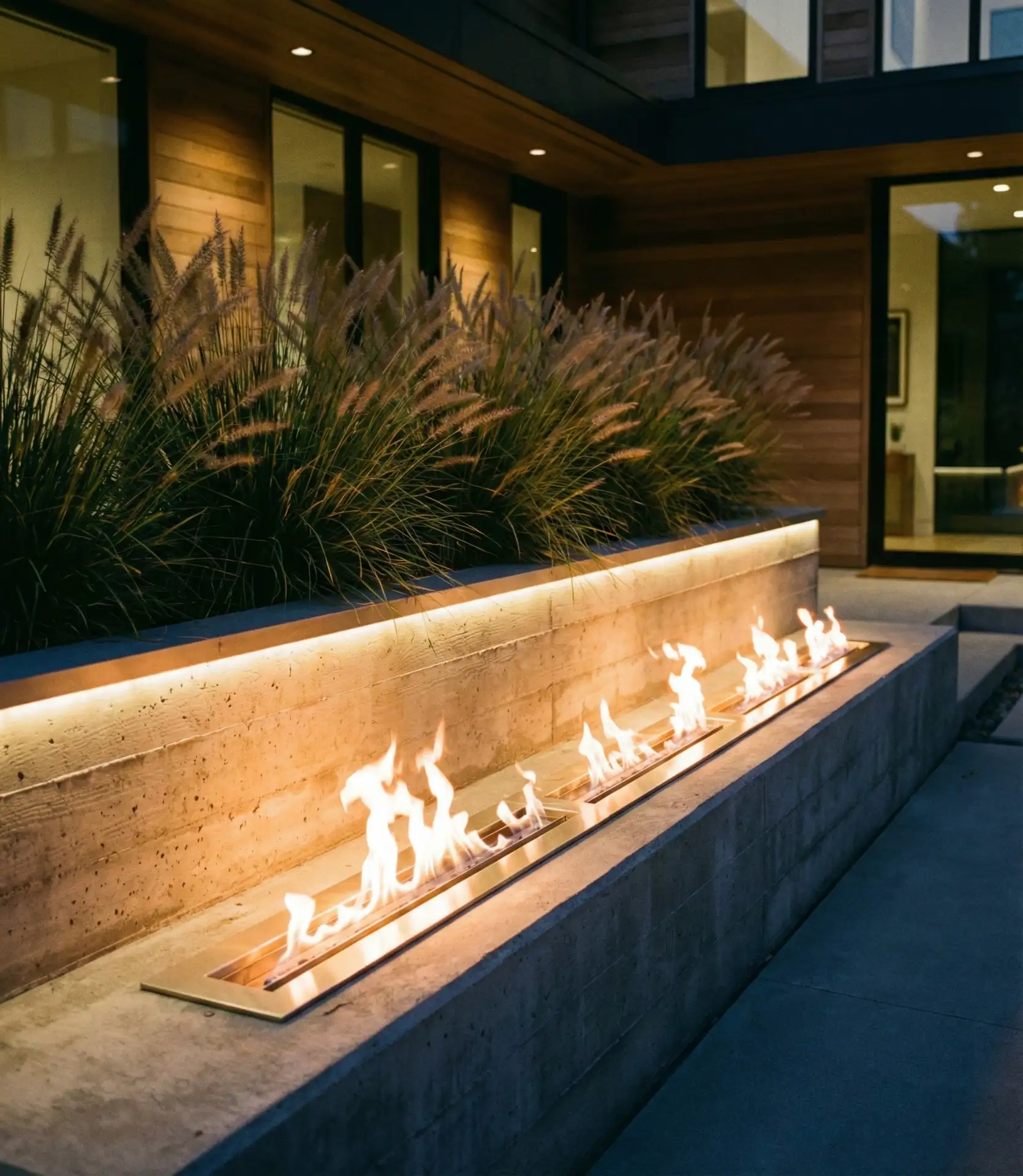Linear Gas Fire Feature in Concrete Planter Wall 1