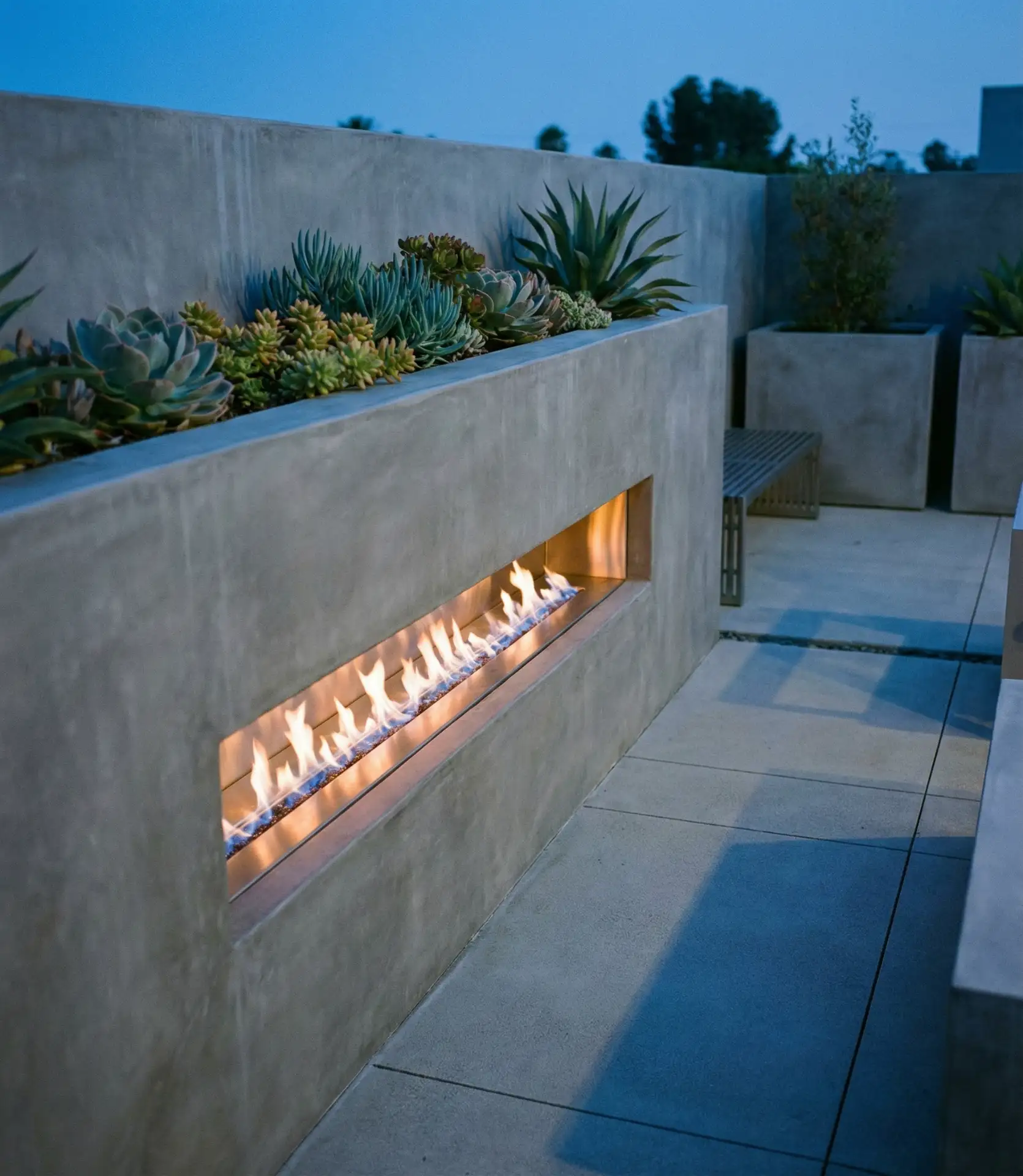 Linear Gas Fire Feature in Concrete Planter Wall 2
